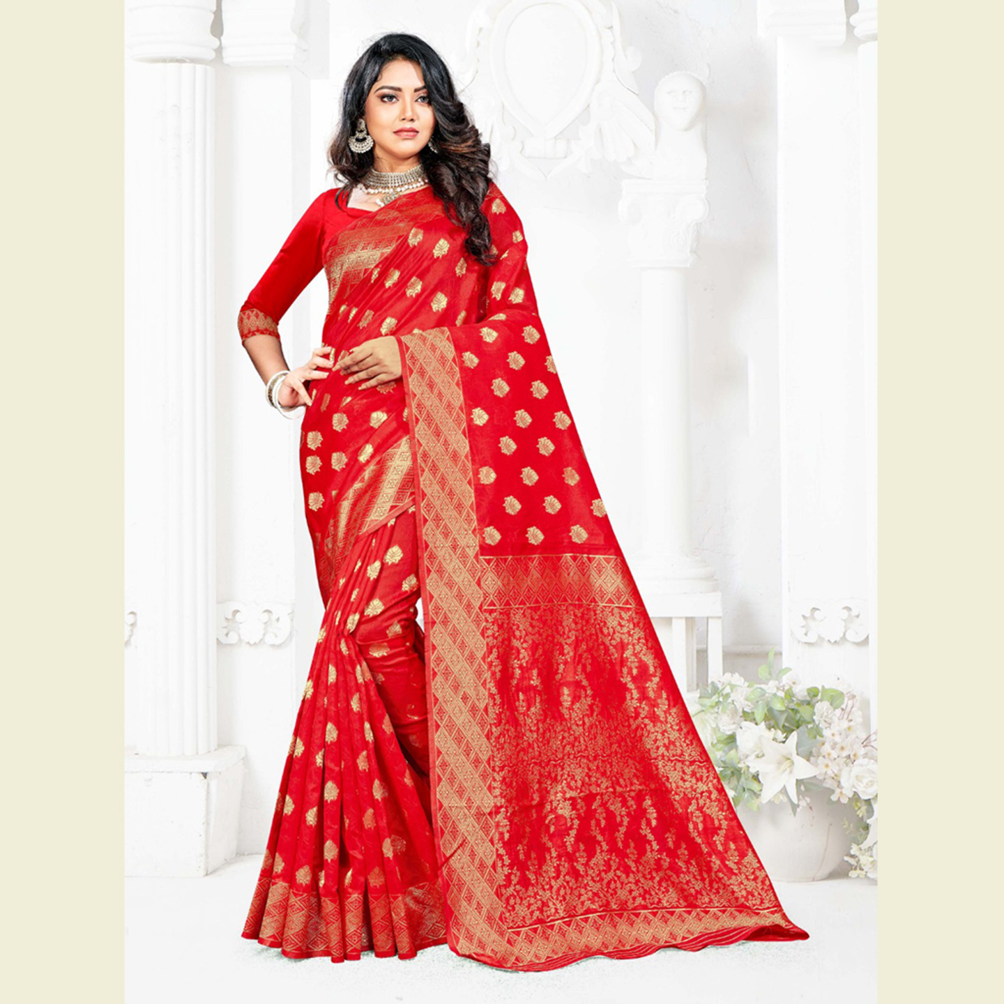Talk By Fashion Women Handloom Silk Party Wear Saree Ocean Red