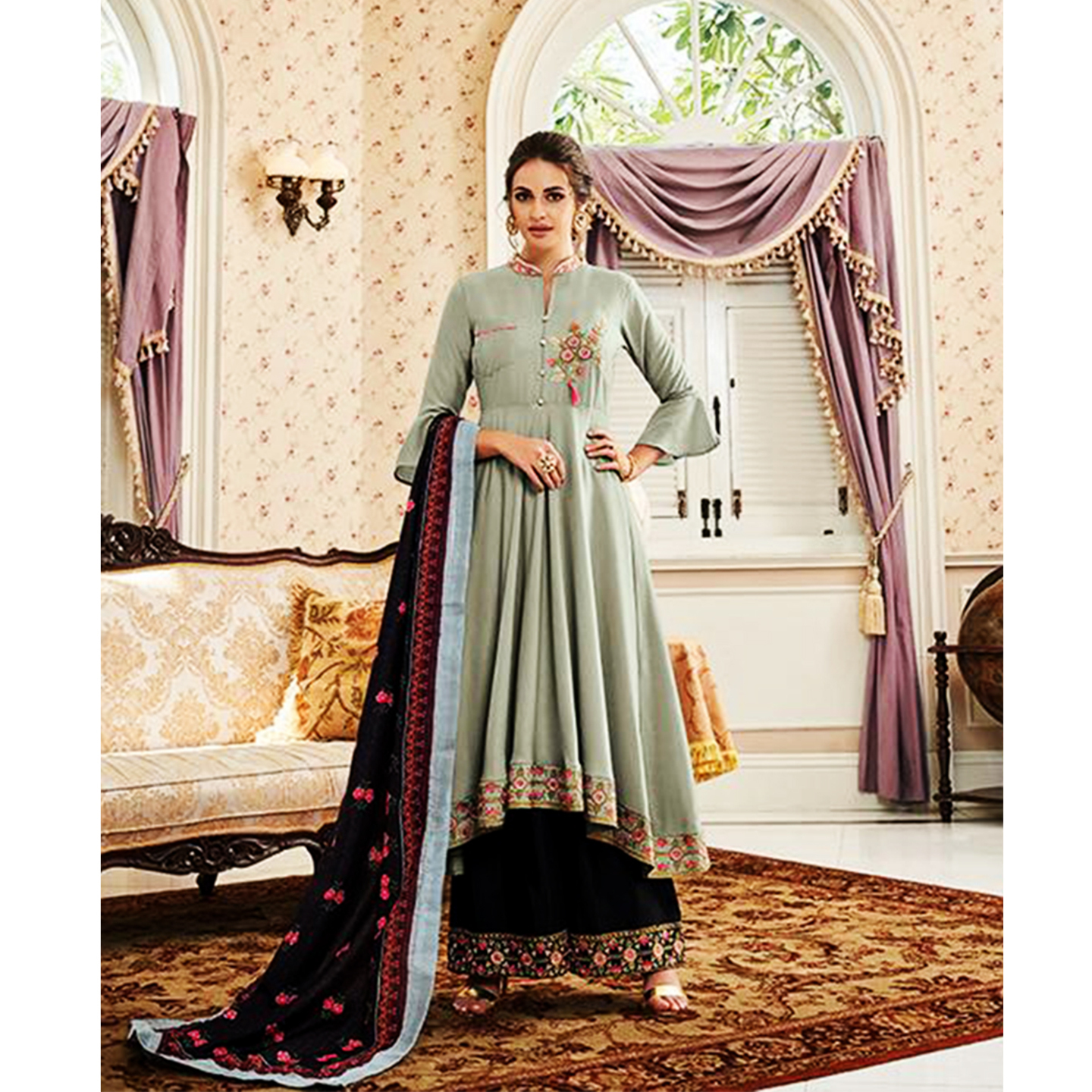 Talk By Fashion Women Heavy Muslin Embroidered Anarkali Suit Set Ocean Gray