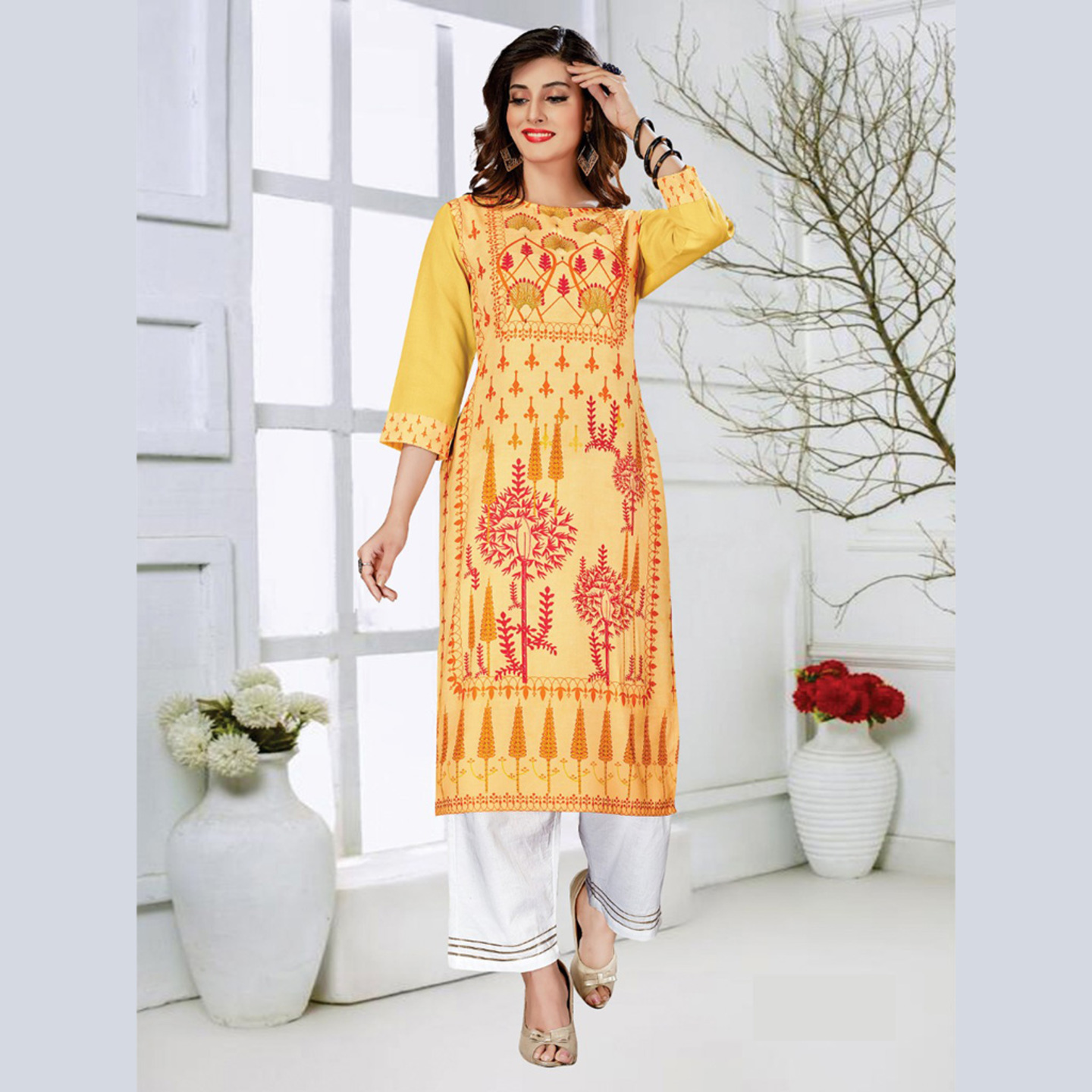 Talk By Fashion Women Heavy Digital Printed Kurti with Palazzo Set Yellow