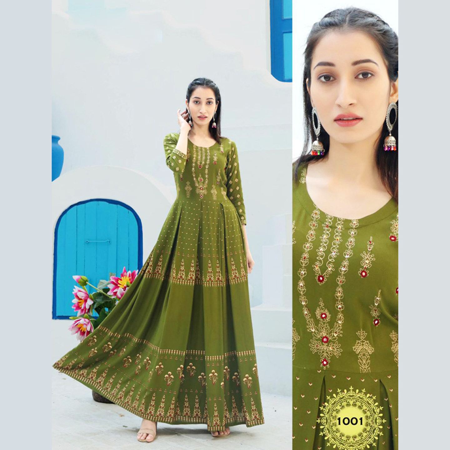Talk By Fashion Heavy Gold Printed Flared Ethnic Wear Gown Dress