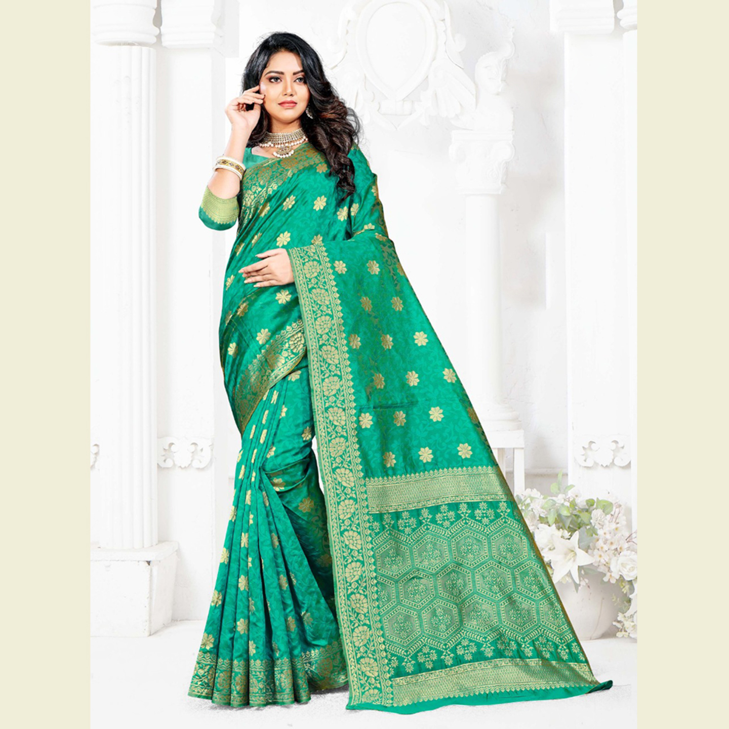 Talk By Fashion Women Handloom Silk Party Wear Saree Ocean Green