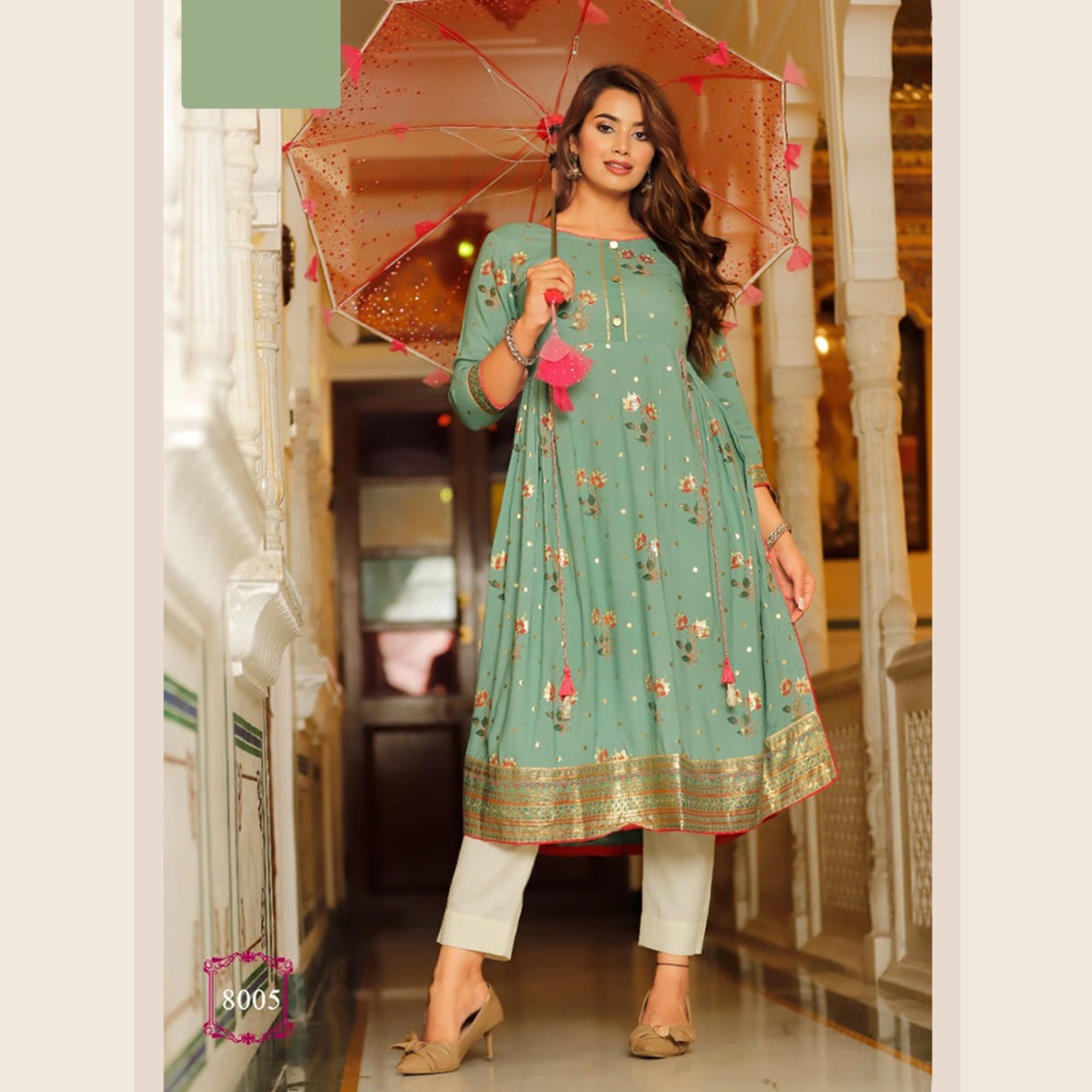 Liva Fashion Women Pastel Green Gold Printed Anarkali Kurti