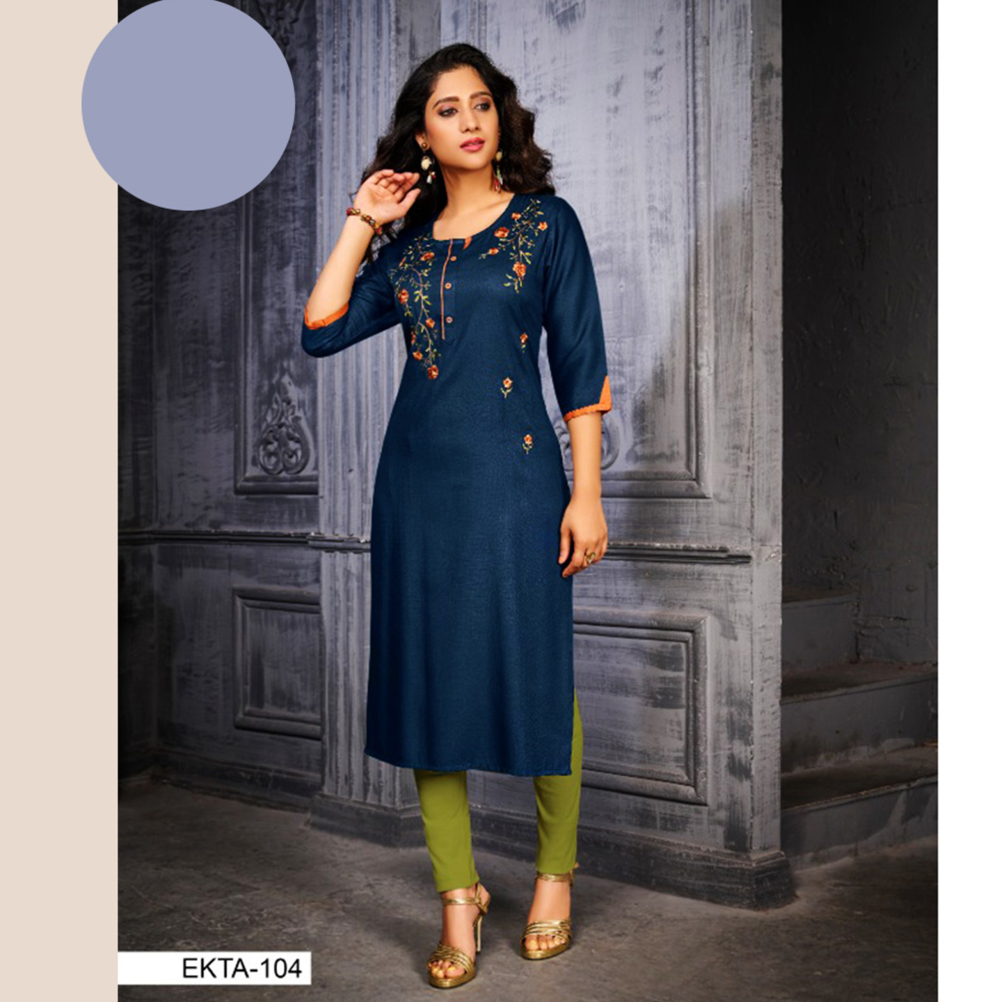 Talk By Fashion Women Dark Navy Blue Embroidered Straight Long Kurti