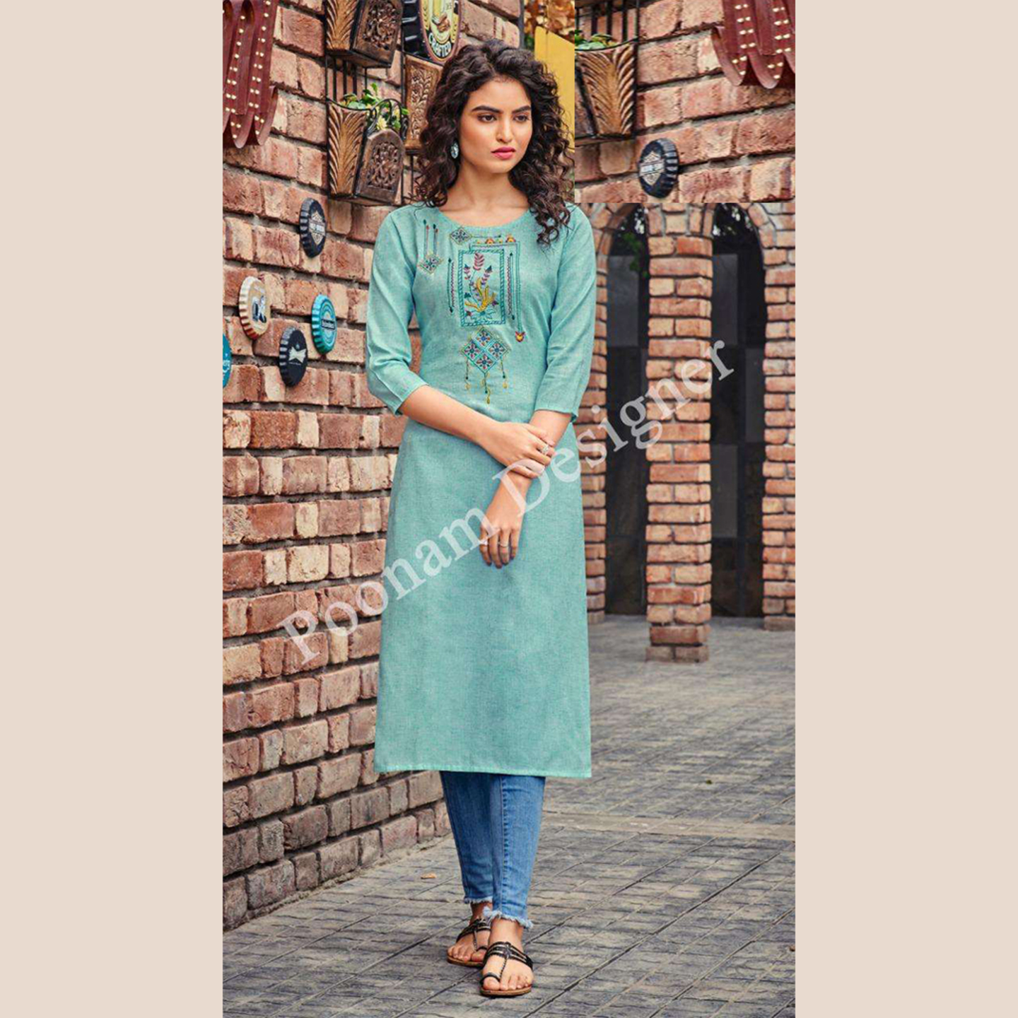 Talk By Fashion Women Light Sky Blue Color Soft Cotton Straight Kurti