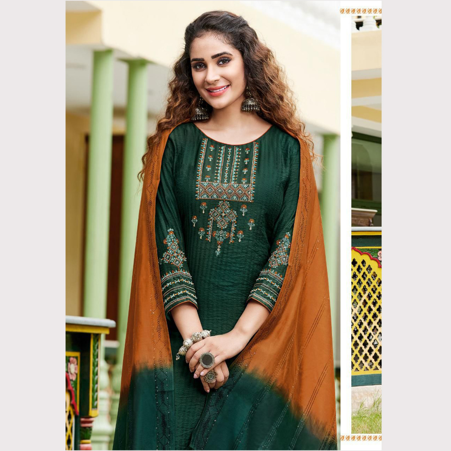 Women Viscose Silk Kurta with Trousers & Dupatta Dark Bottle Green color