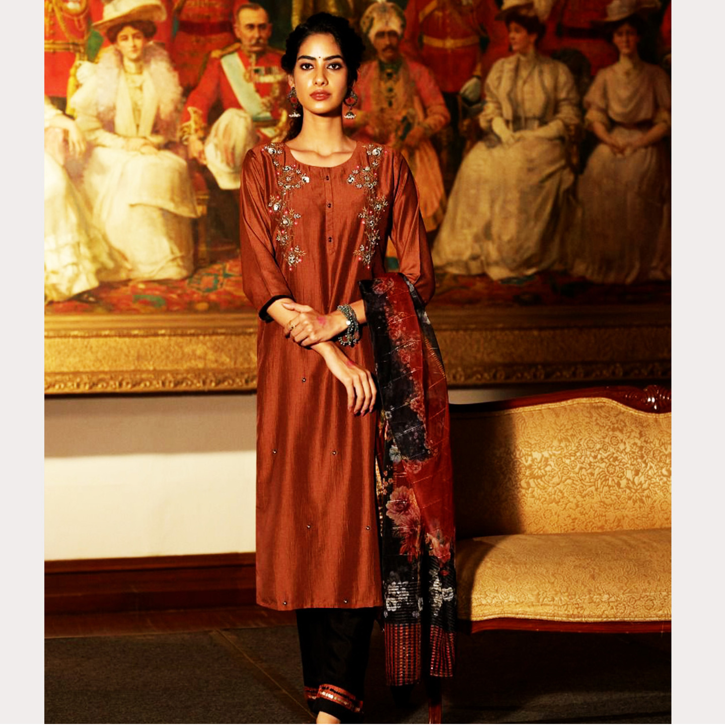 TALK BY FASHION Women Embroidered Kurta with Pants & Dupatta Dark Brown