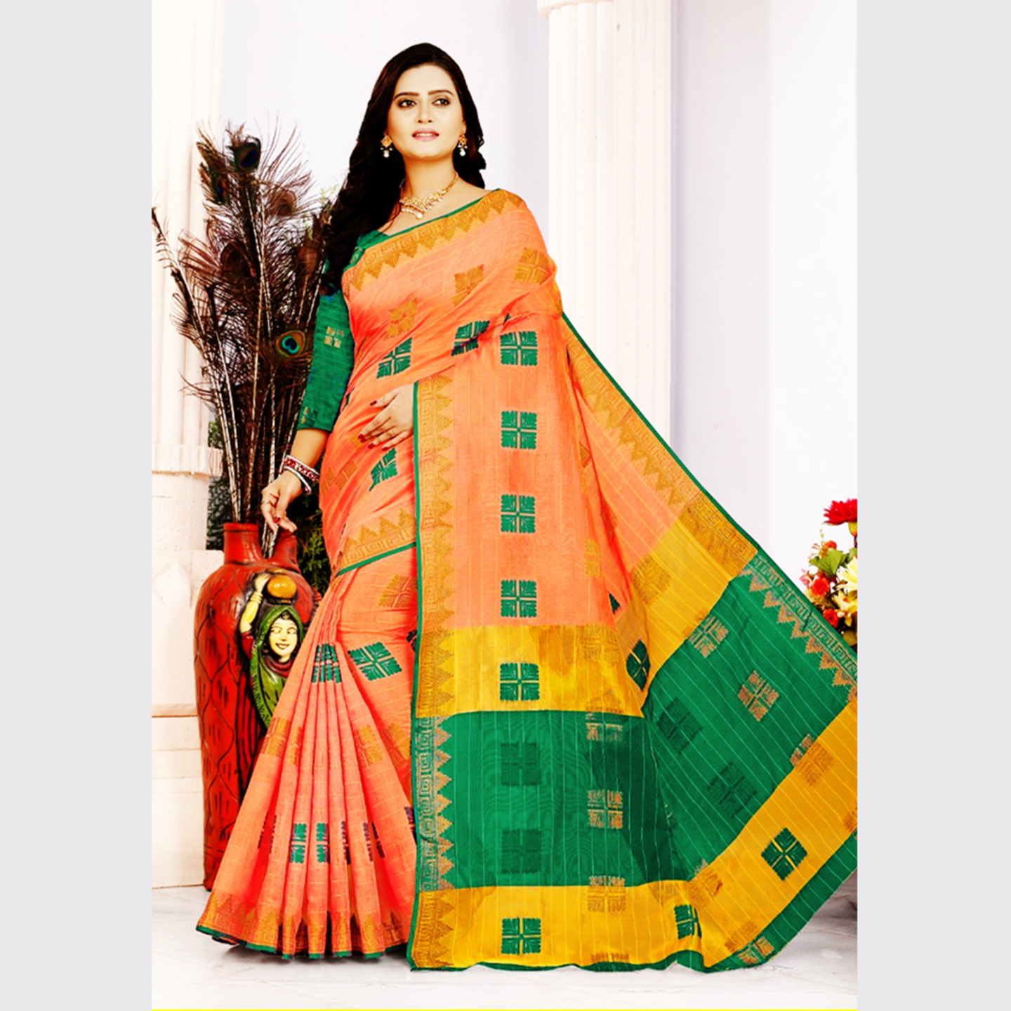 Talk By Fashion Women Handloom Cotton Silk Saree Light Orange