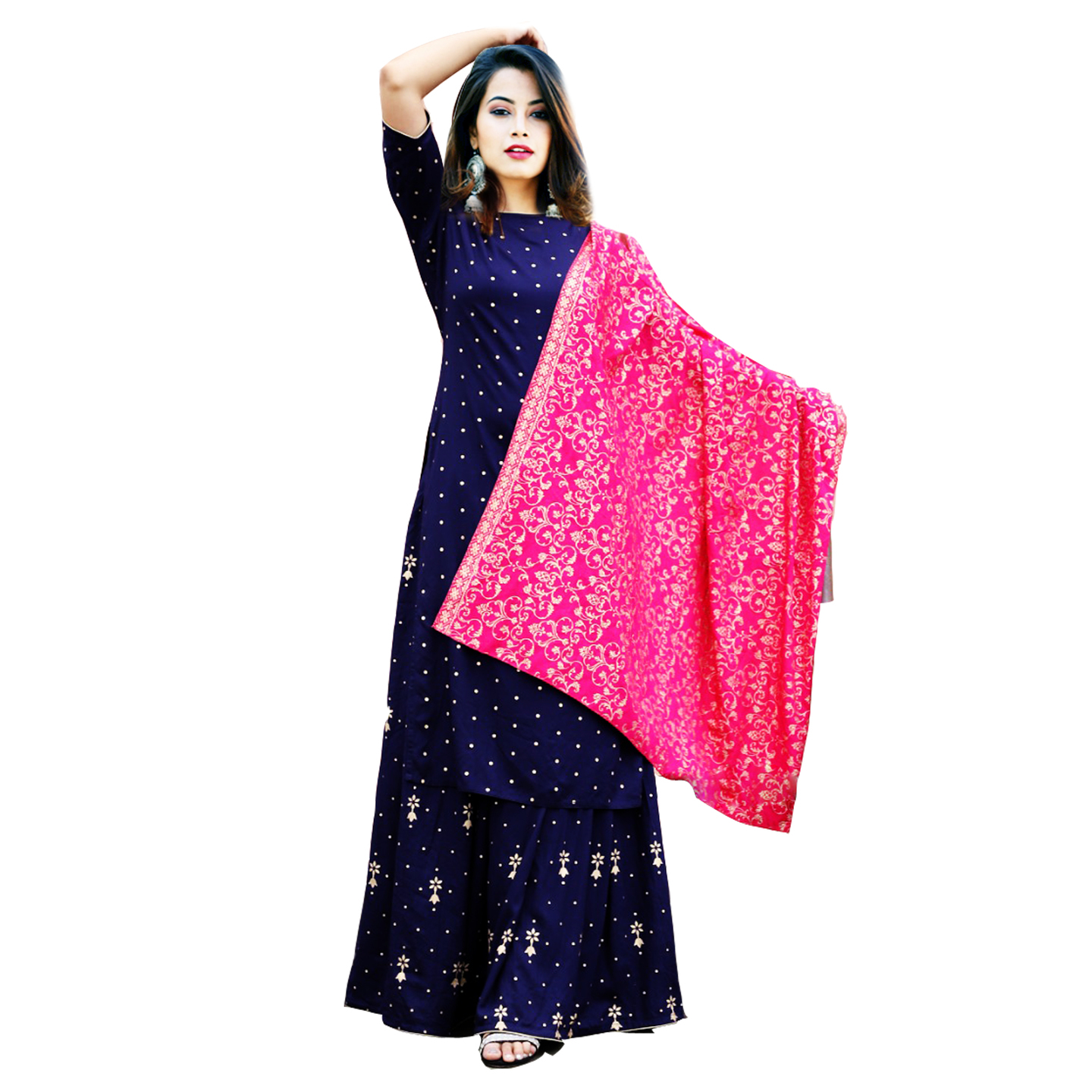 TBF Gold Printed Kurta Skirt Set for Women