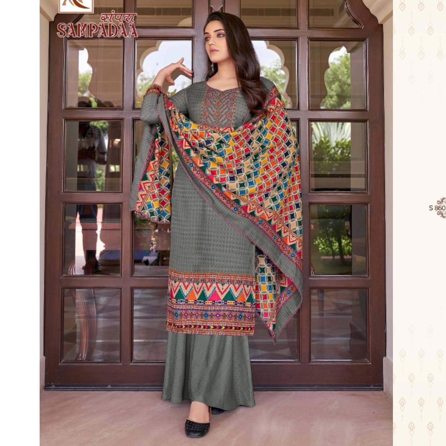 Alok Samadaa Women Gray Color Pure Woolen Pashmina Embroidered Dress Material 
