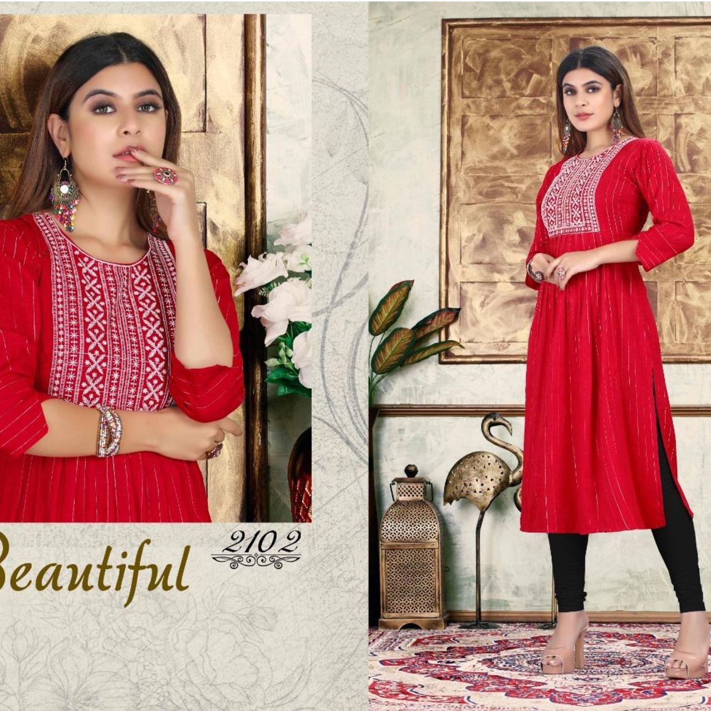 Talk By Fashion Women Red Color Cotton Lurex Embroidered Straight Cut Kurta