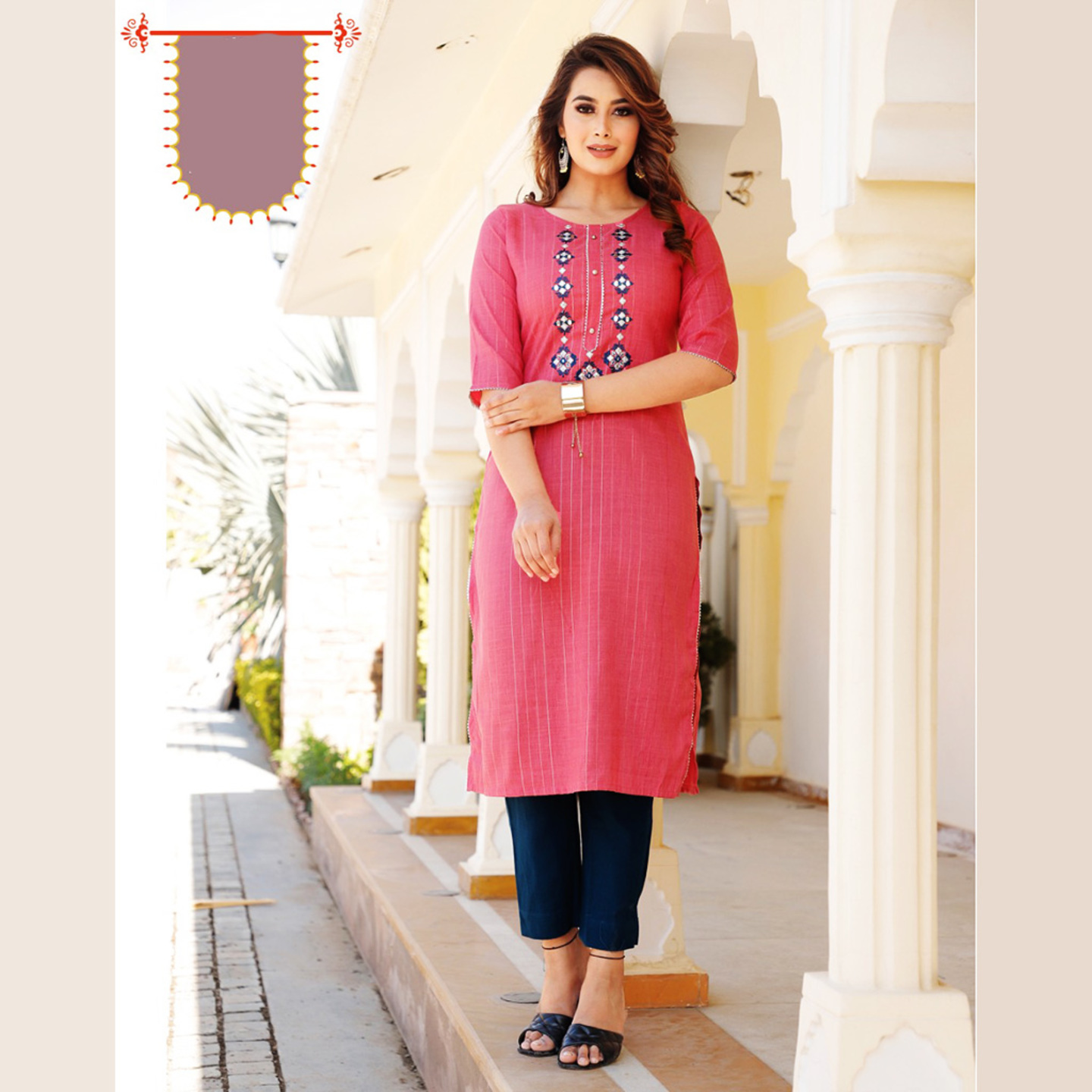 Talk By Fashion Dark Pink Embroidered Cotton Lurex Straight Kurti