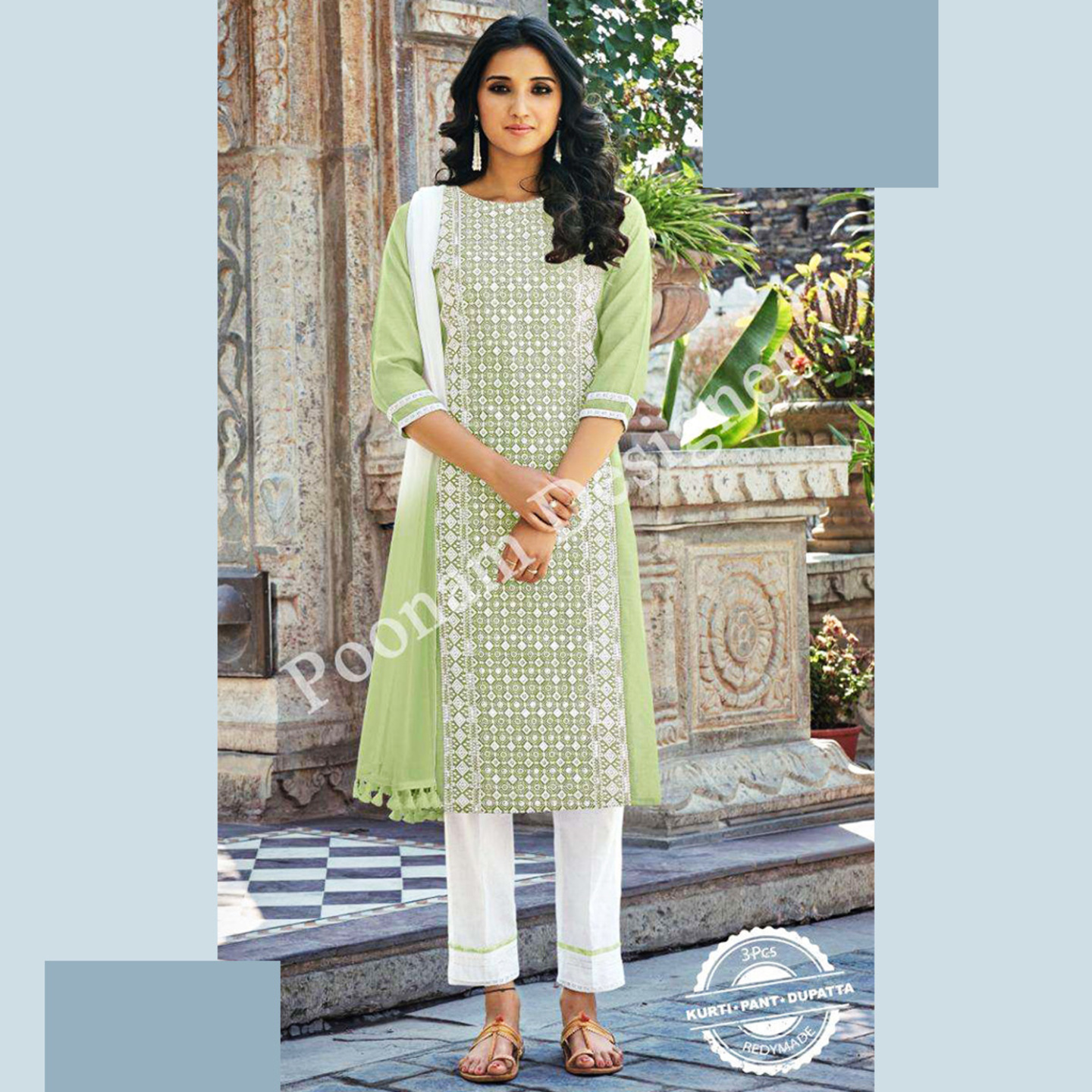 Women Pistachio & White Lucknowi Cotton Kurta with Trousers & Dupatta