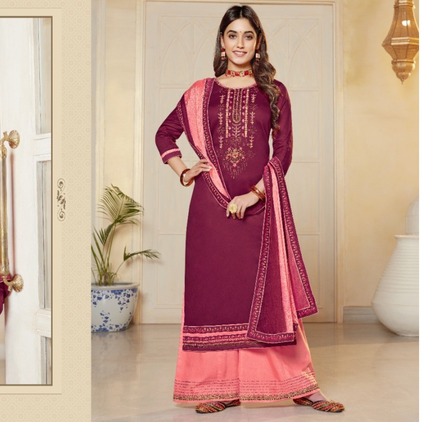 Women Dark Wine with Pink Color Pure Jam Silk Embroidered Kessi Dress Material