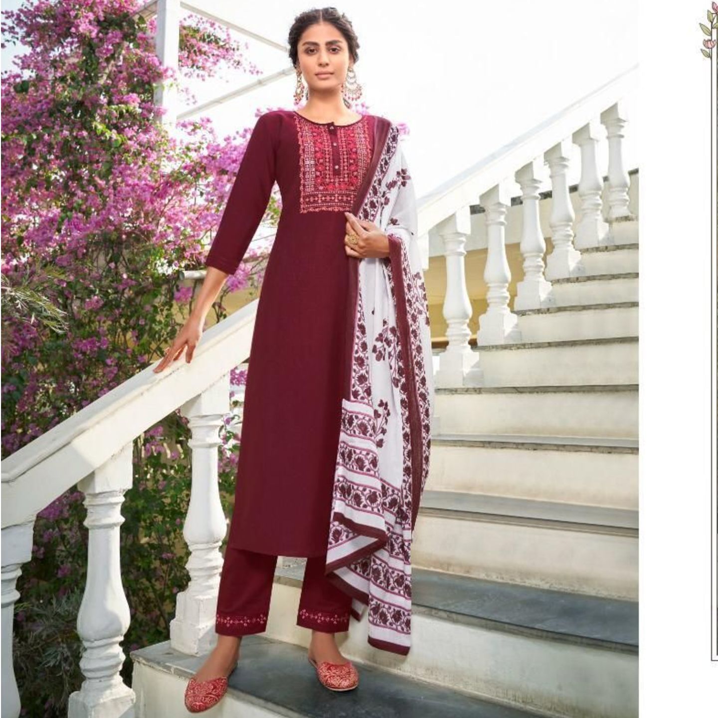 Talk By Fashion Women Chinon Silk Embroidered Kurta with Pants & Dupatta Cherry