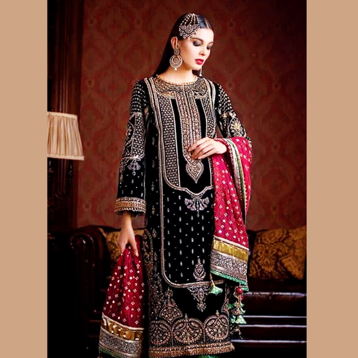 Rinaz Heavy Embroidered Black & Maroon Colored Georgette Silk Dress Material