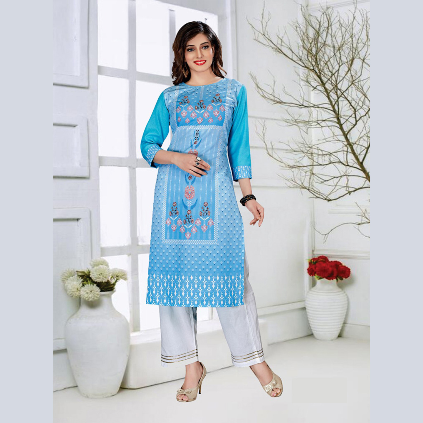 Talk By Fashion Women Heavy Digital Printed Kurti with Palazzo Set Sky Blue