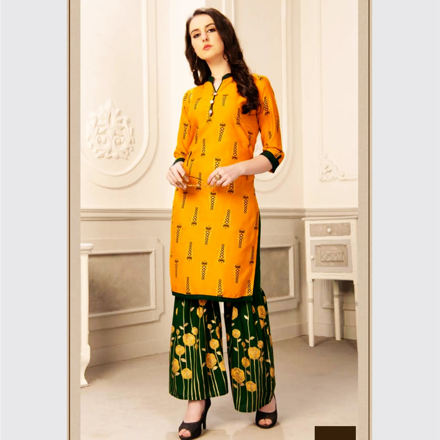 Talk By Fashion Women Rayon Gold Printed Kurti with Palazzo Set Yellow