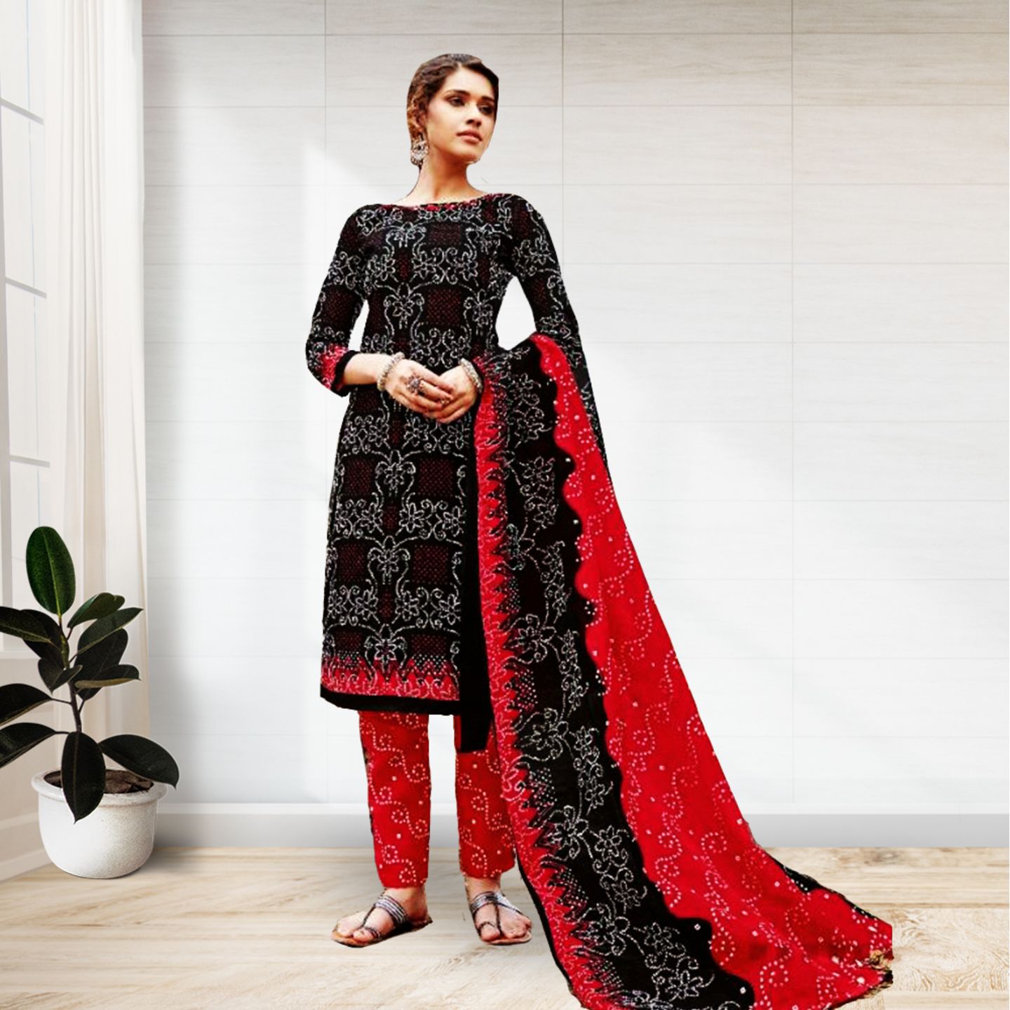 Talk By Fashion Women Soft Cotton Bandhani Print  Dress Material Black