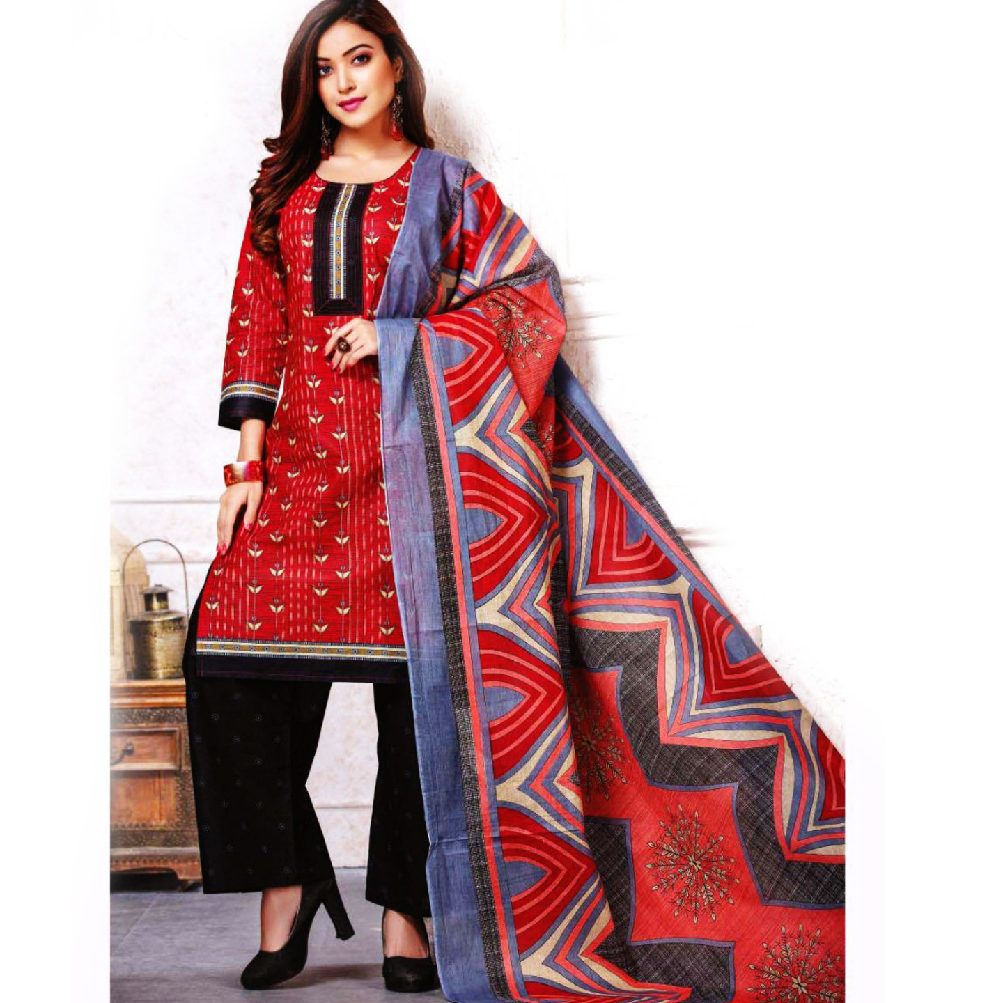 Talk By Fashion Women Soft Cotton Printed Dress Material Red