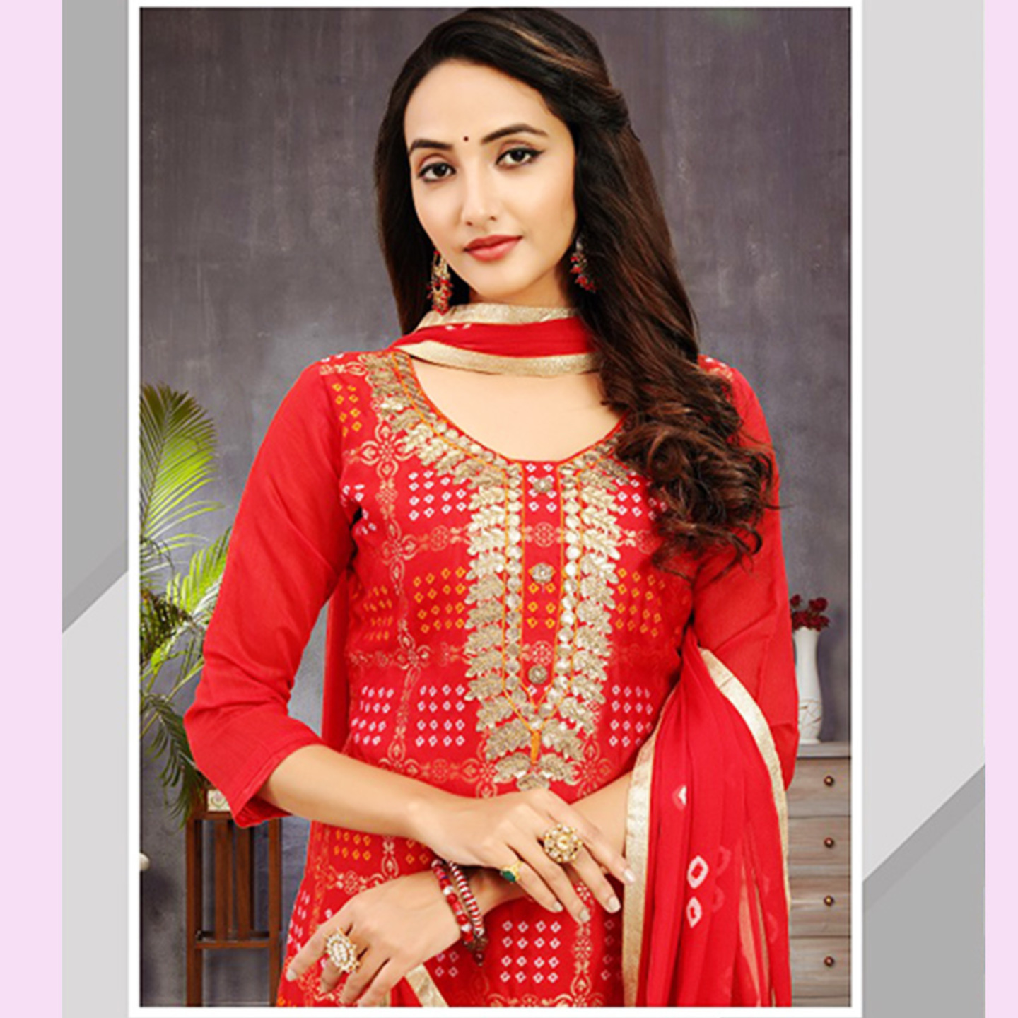 Talk By Fashion Women Coral Red Banarasi Jacquard Silk Unstitched Dress Material