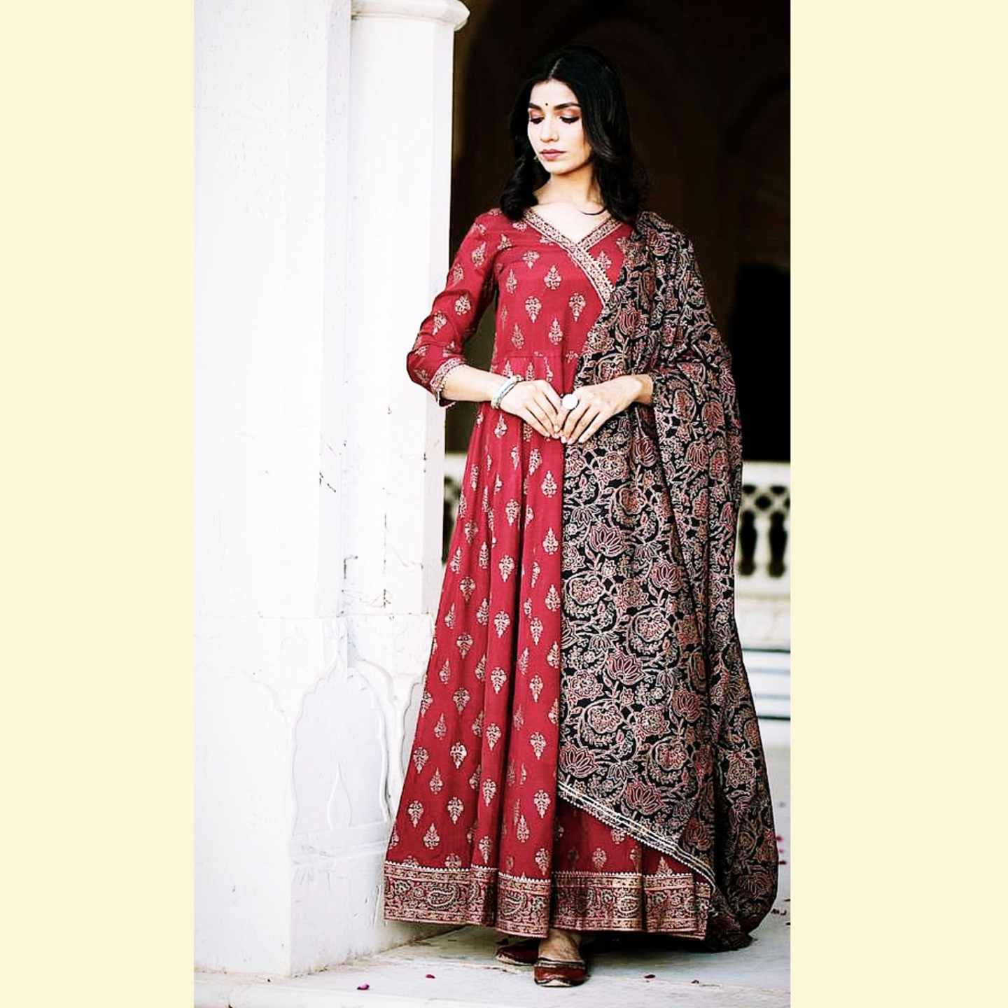 Talk By Fashion Women Gold Print Long Anarkali Kurti with Dupatta Set