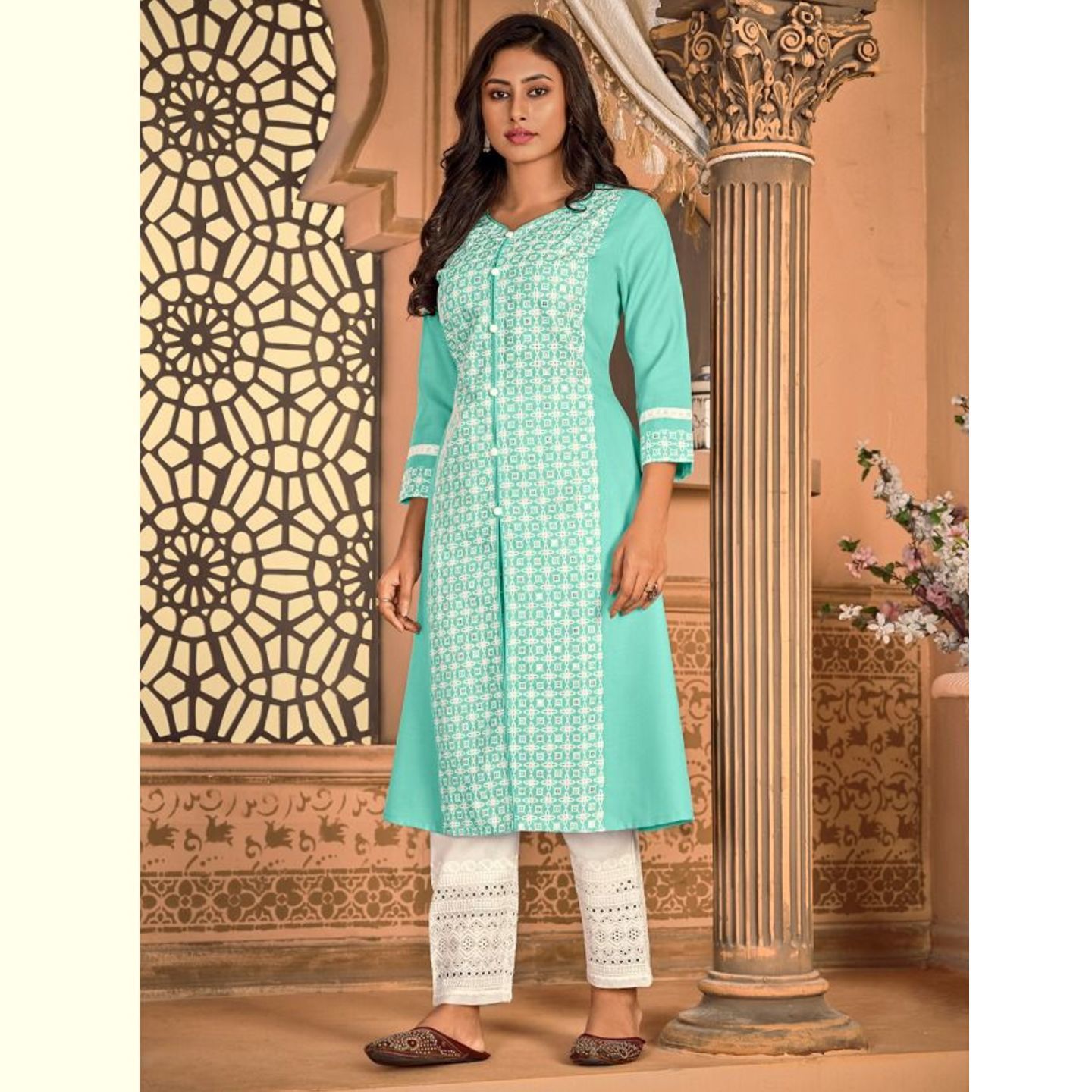 Talk By Fashion Women Front Slit Embroidered Turqish Blue Kurta with Pants