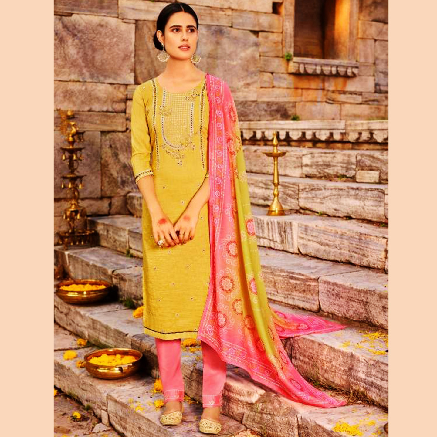 Talk By Fashion Women Light Yellow Silk Linen Kurta Pants with Dupatta Set