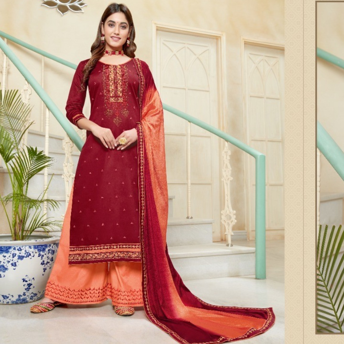 Women Dark Cherry Color Pure Jam Silk Embroidered Kessi Dress Material