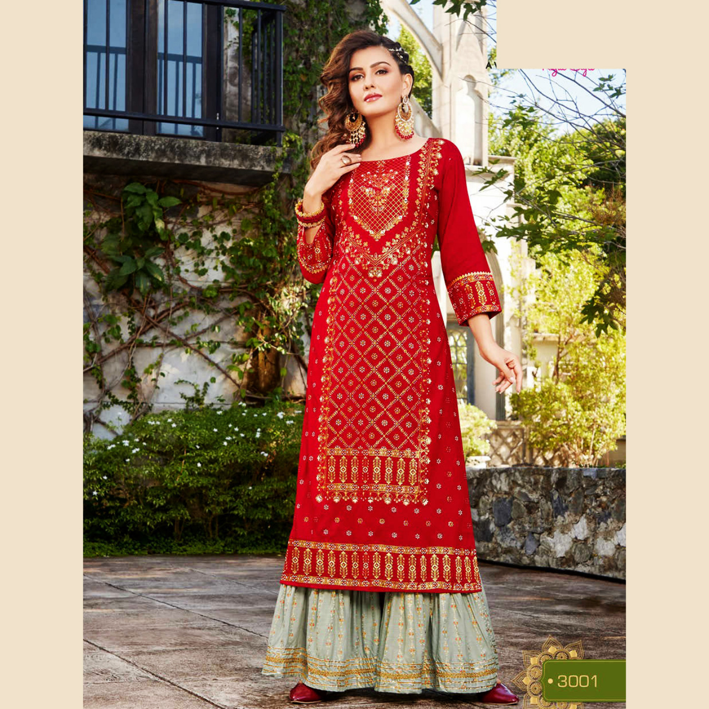 Liva Fashion Women Red with Gray Color Printed Kurta with Flared Sharara Set