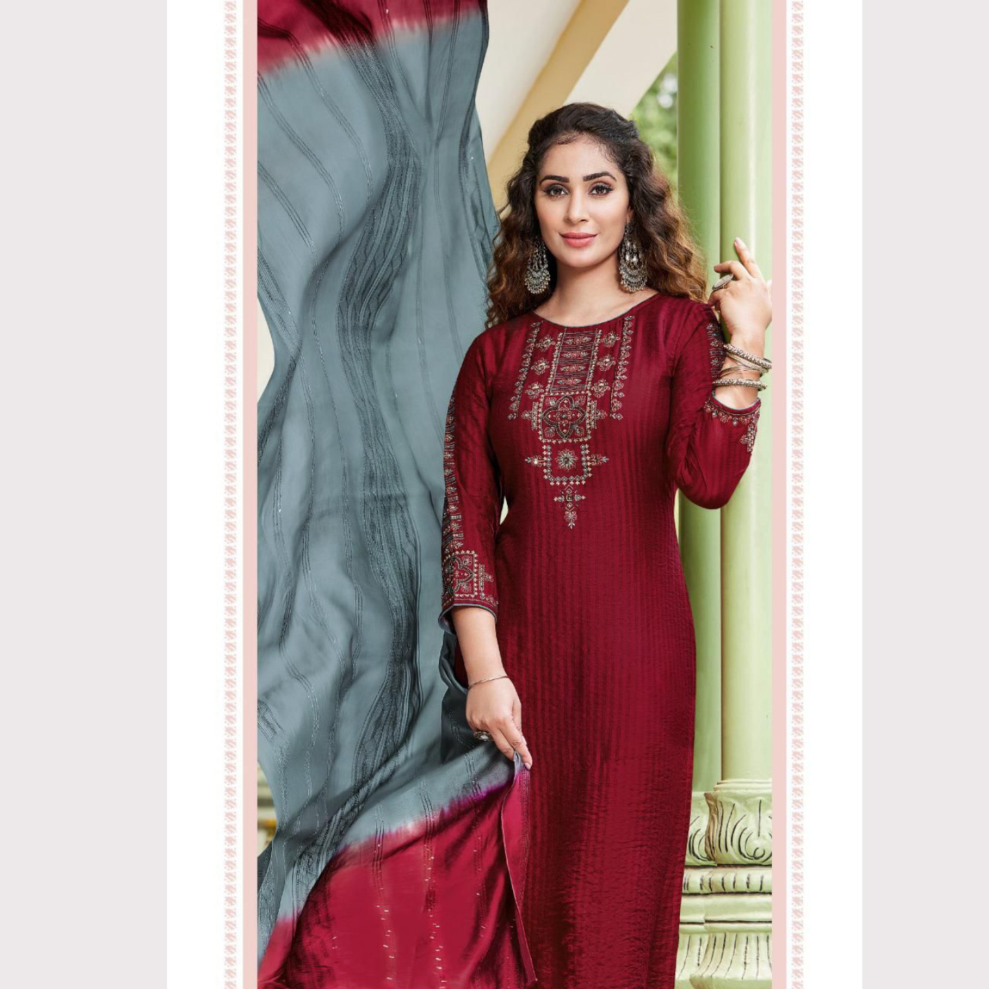TALK BY FASHION Women Viscose Silk Kurta with Pants & Dupatta Dark Green & Brown