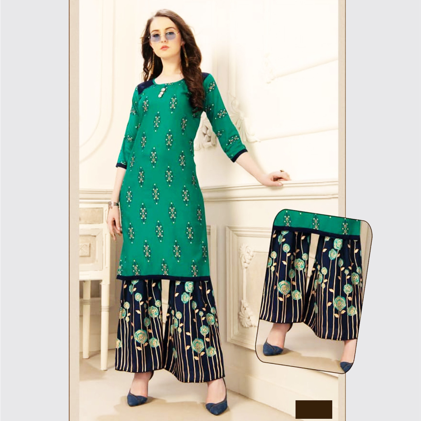 Talk By Fashion Women Rayon Gold Printed Kurti with Palazzo Set Sea Green
