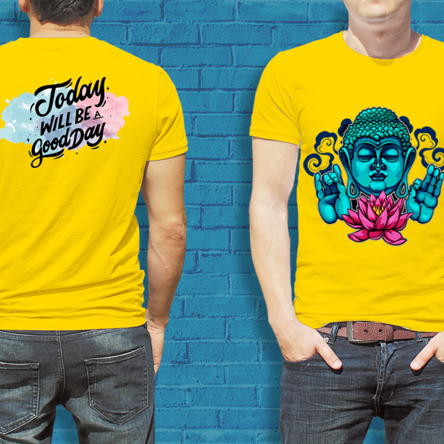 Talk By Fashion Blue Moon Buddha designer T-shirt for Men Yellow
