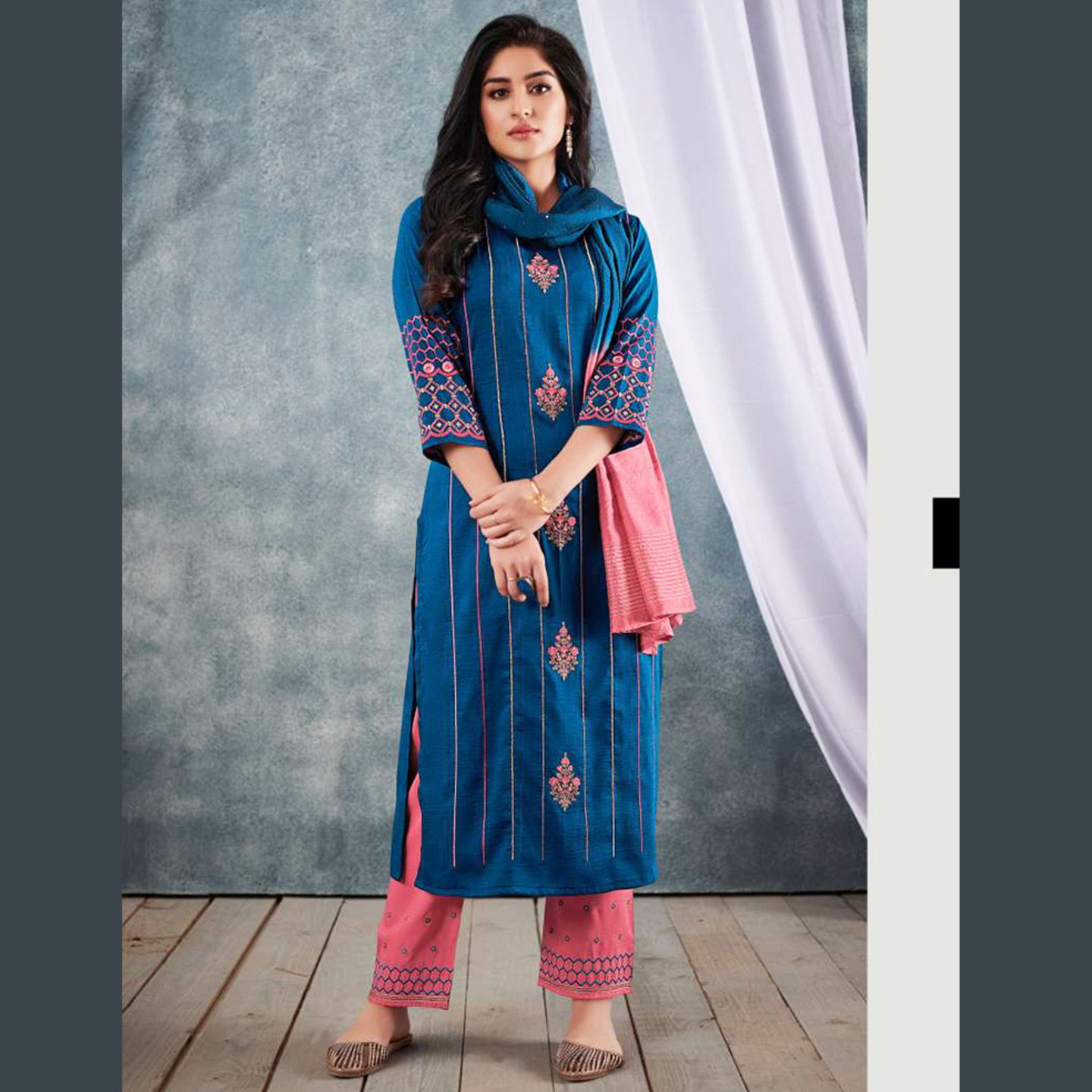 VNK Women Embroidered Silk Kurta with Pants & Dupatta