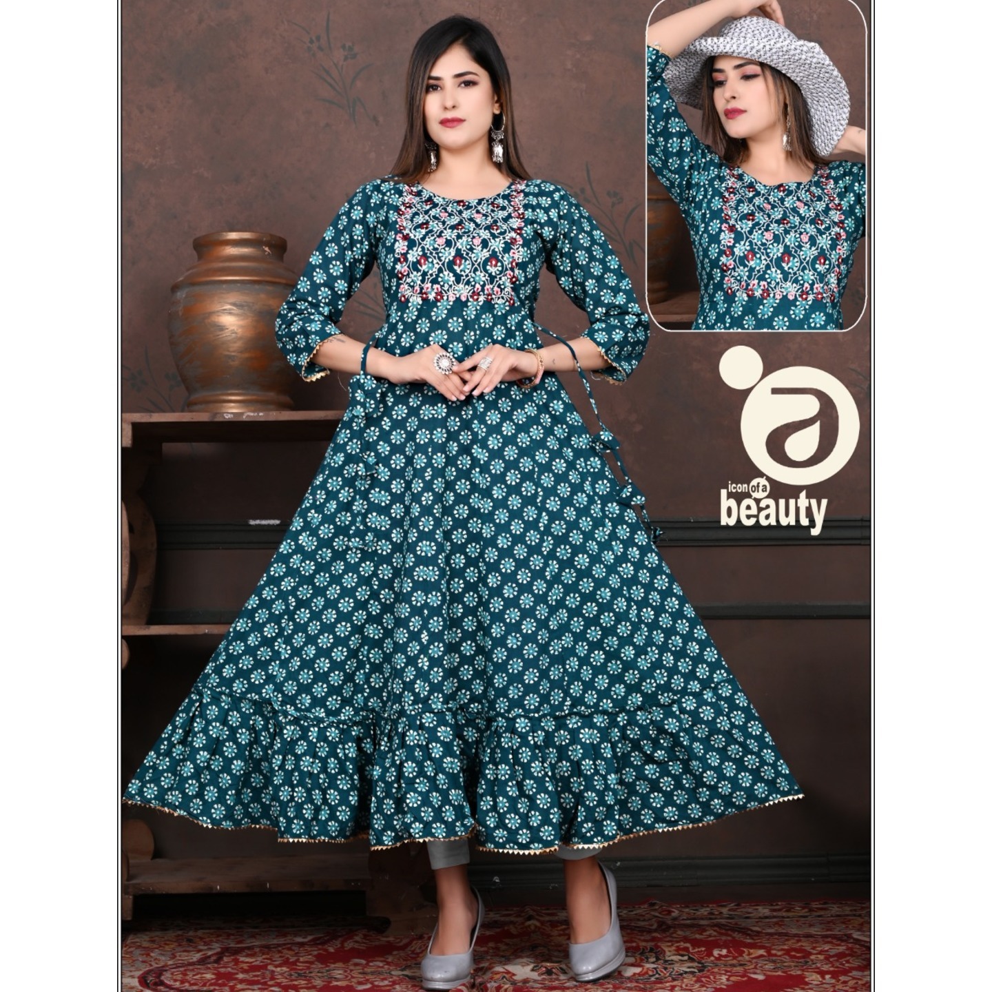 Women Printed Blue Color Pure Cambric Cotton Anarkali Kurti