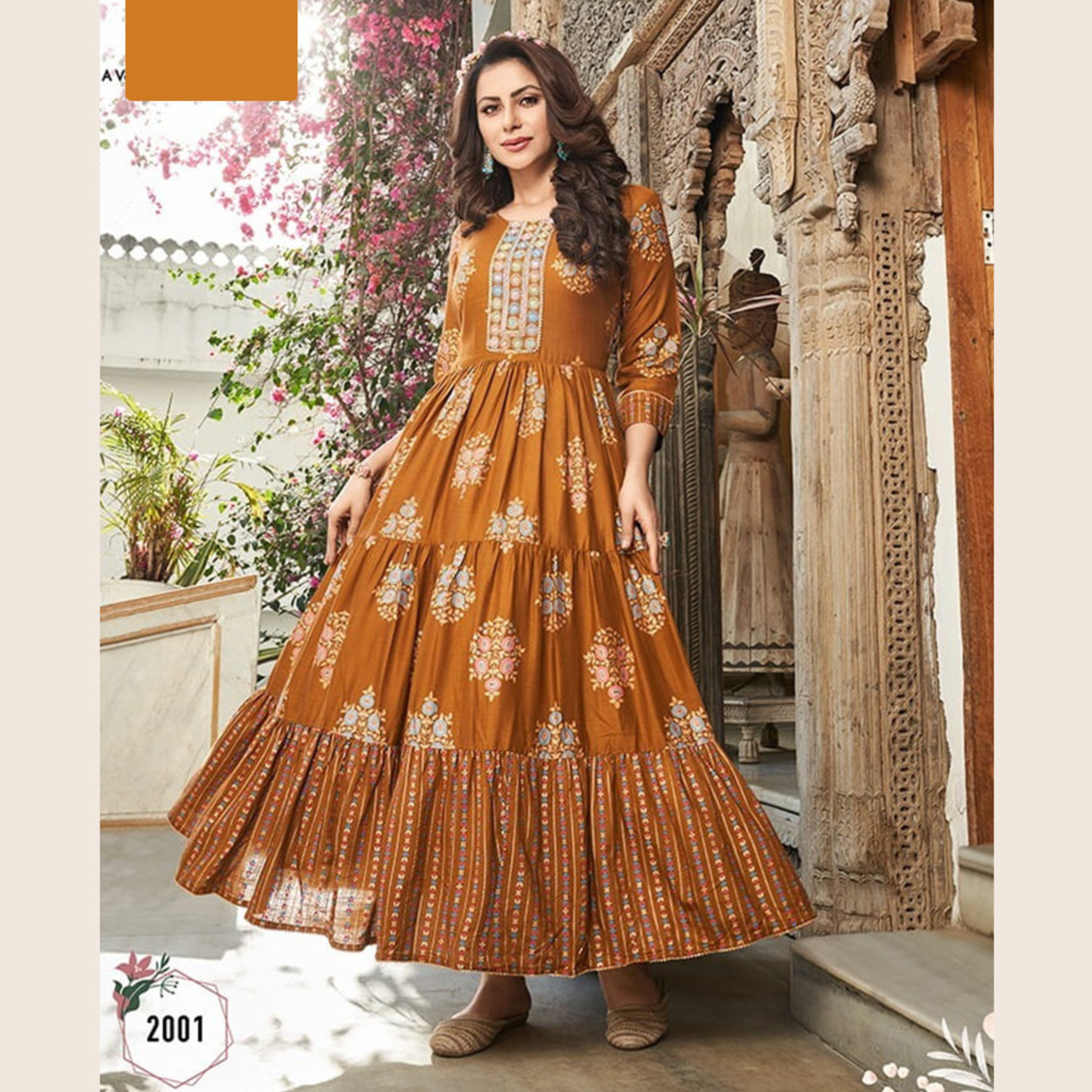 TBF Women Printed Brown Color Cambric Cotton Long Anarkali Kurti
