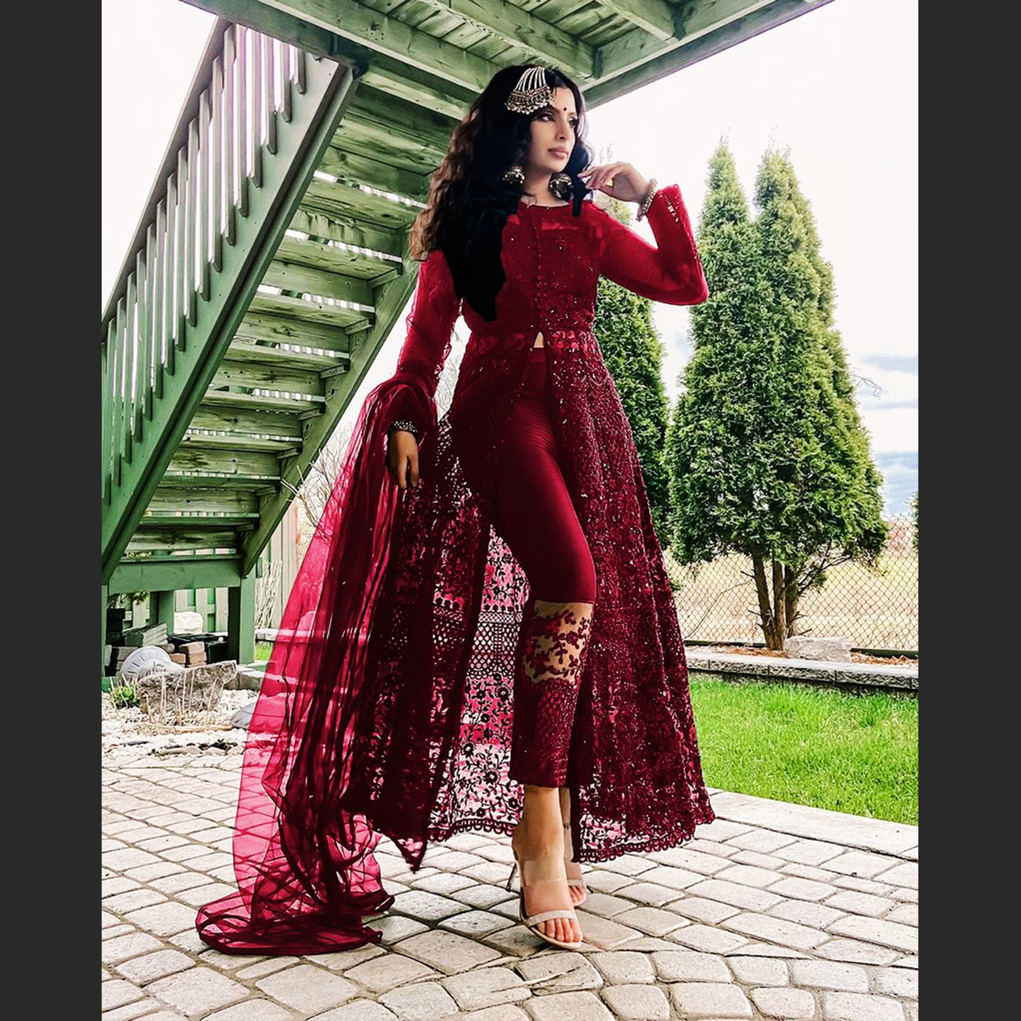 Women Dark Wine Color Net Embroidered Kurta with Pant Dupatta Set