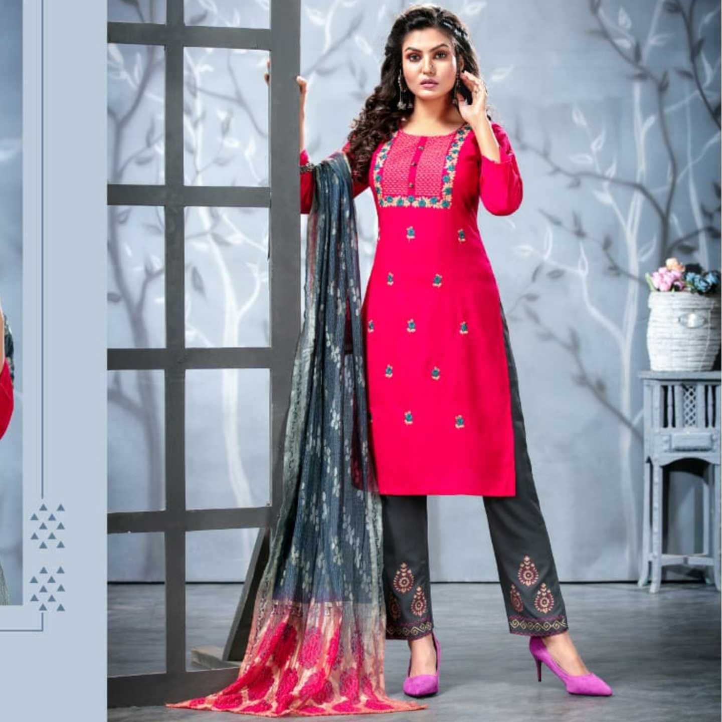 Kinti Presents Women Pink Color Embroidered Kurta with Trousers & Dupatta
