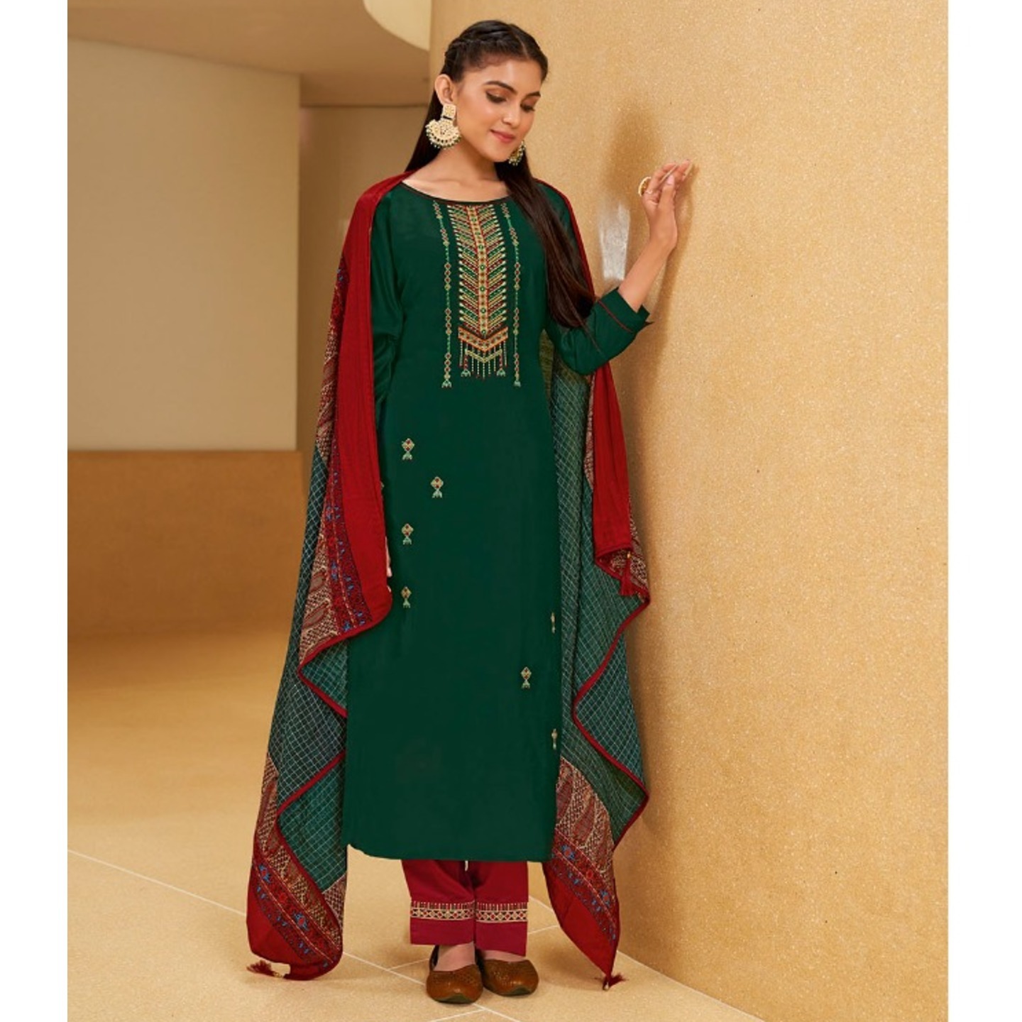 Women Bottle Green Embroidered Silk Kurta with Pants & Dupatta