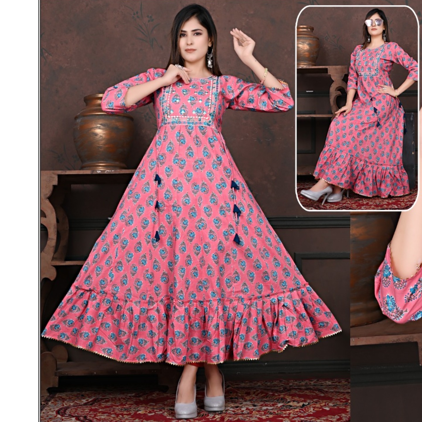 Women Pink Color Pure Cambric Cotton Printed Anarkali Kurti