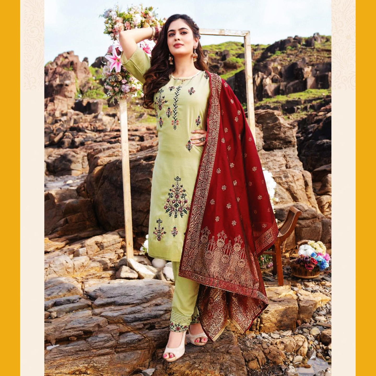 TALK BY FASHION Women Silk Embroidered Kurta with Pants & Dupatta Pistachio Green