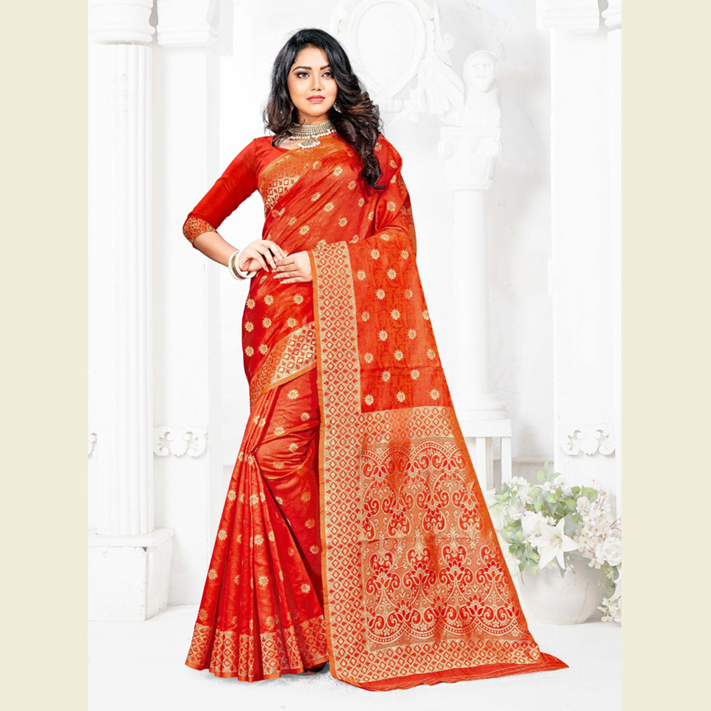 Talk By Fashion Women Handloom Silk Party Wear Saree Dark Orange