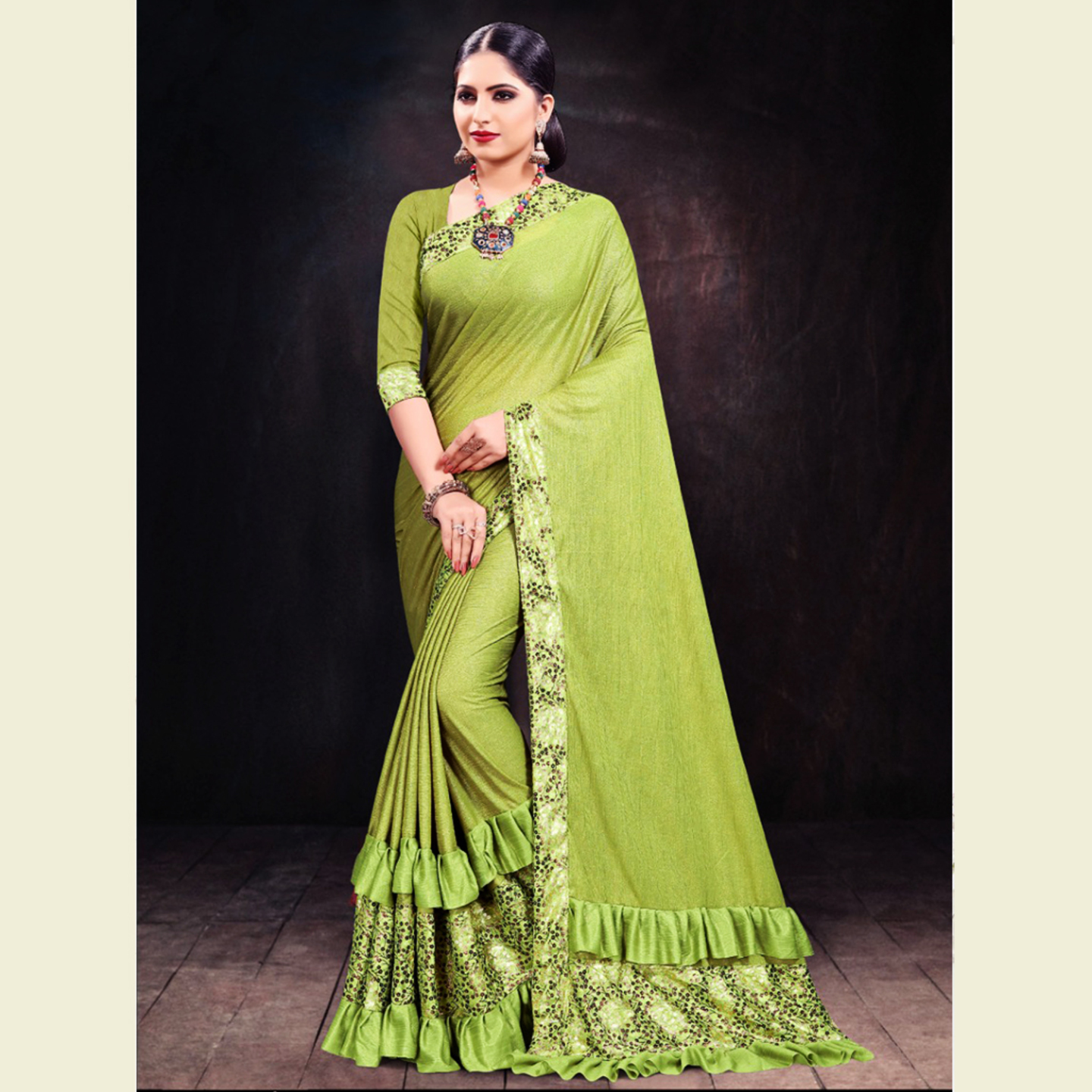 Talk By Fashion Women Heavy Shimmer Lycra Party Wear Saree Green