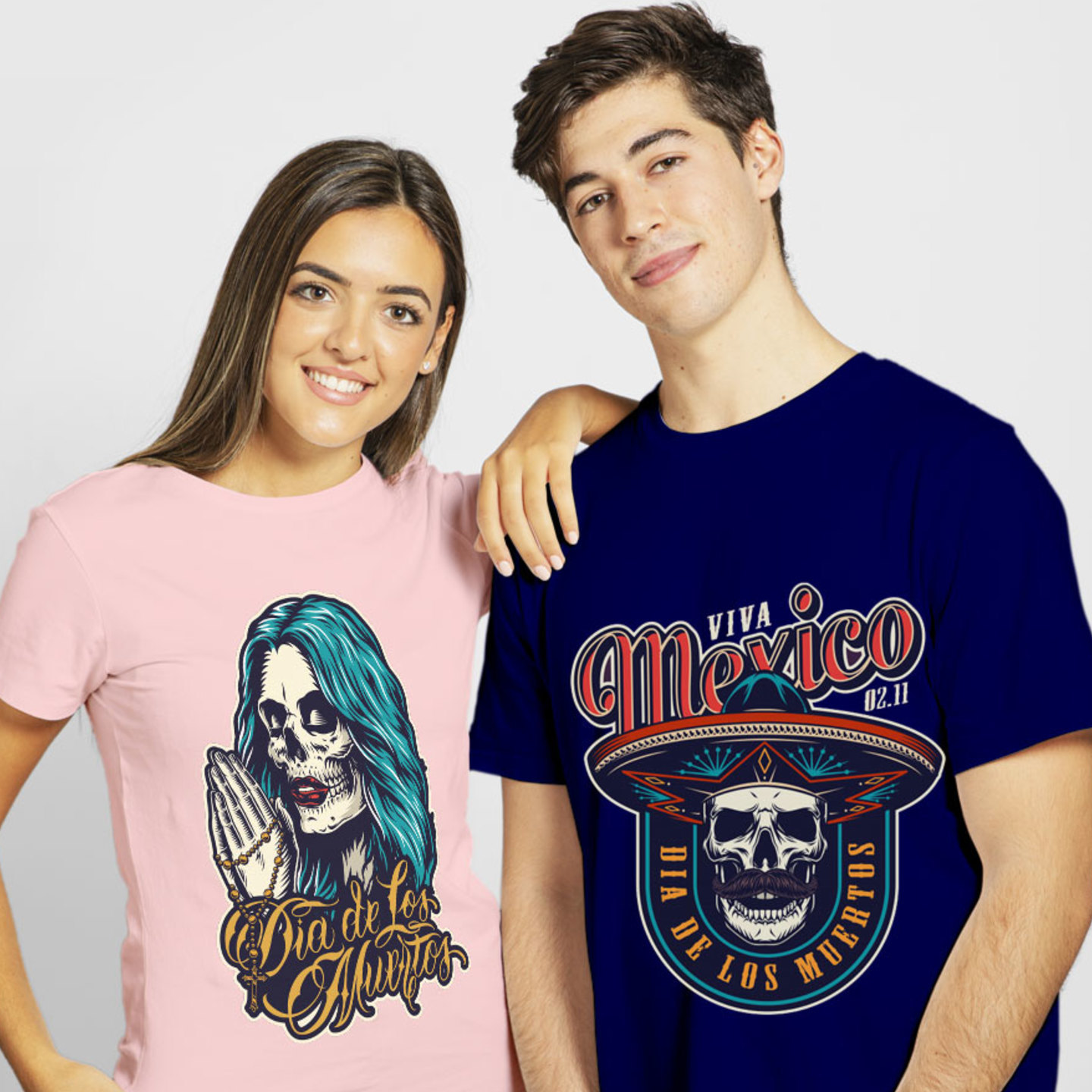 Talk By Fashion Mexican Holiday Celebration Couple T shirt Pink-Blue