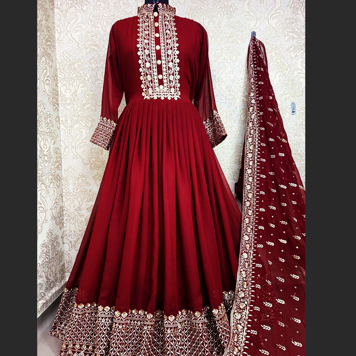 Talk By Fashion Women Dark Cherry Color Embroidered Gown with Dupatta Set
