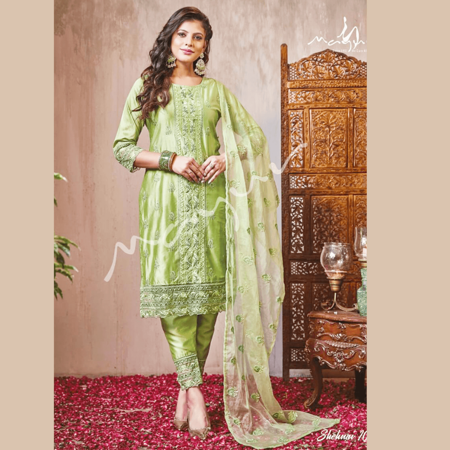 Talk By Fashion Women Light Pistachio Silk Kurta Pants with Dupatta Set
