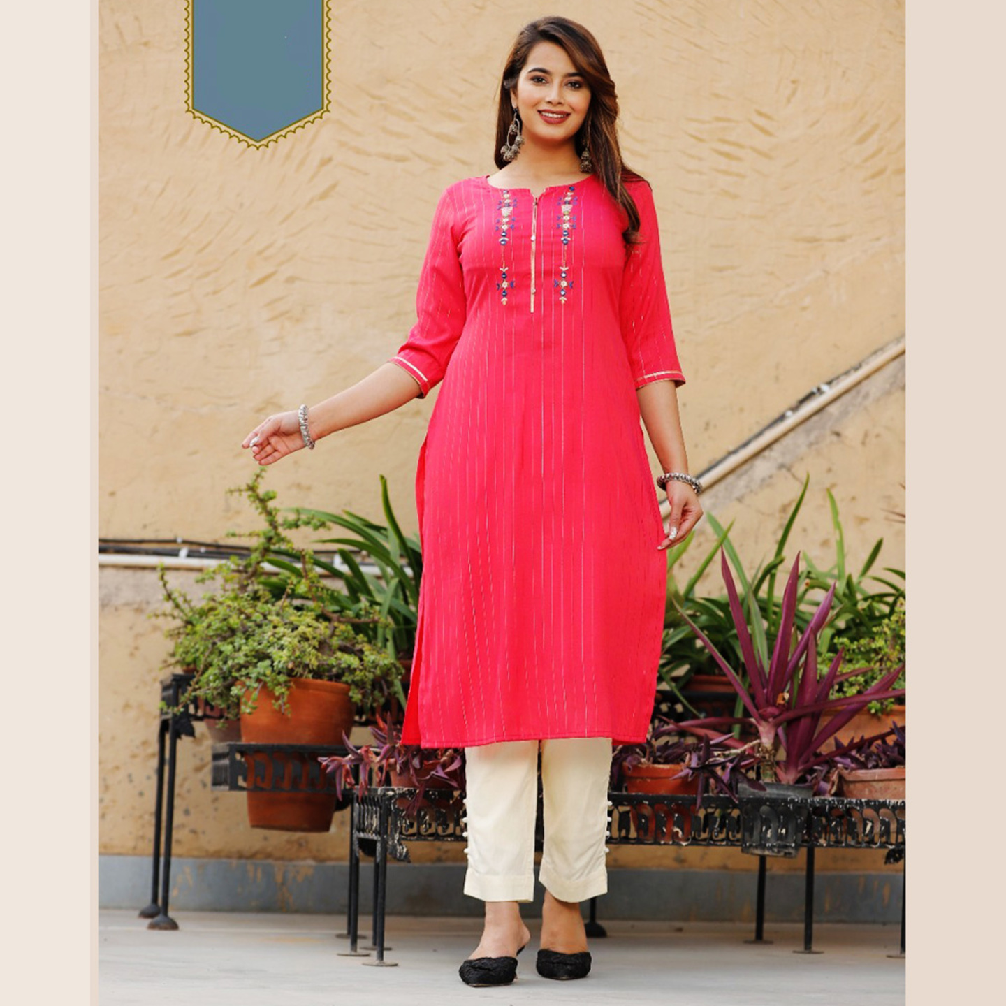 Talk By Fashion Pink Embroidered Cotton Lurex Straight Kurti