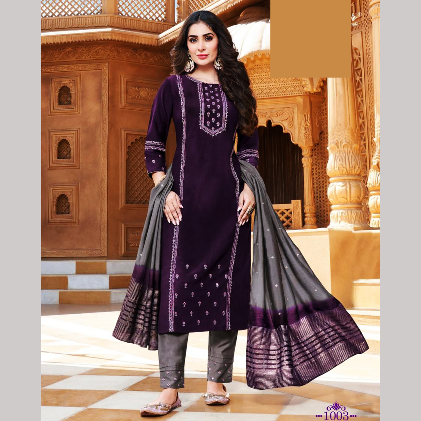 TALK BY FASHION Women Viscose Silk Kurta with Pants & Dupatta Dark Purple & Grey