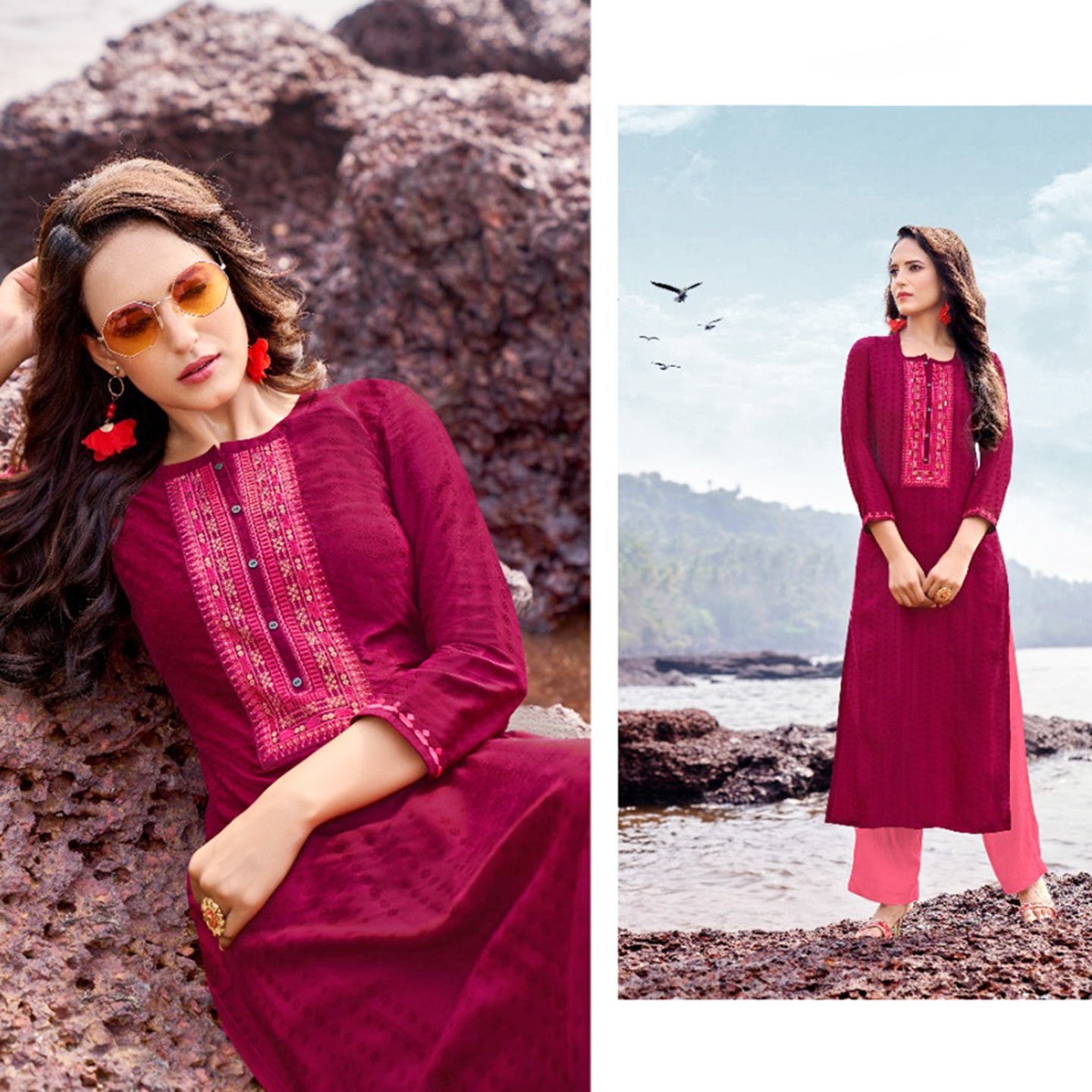 Women Dark Magenta Embroidered Straight Kurta