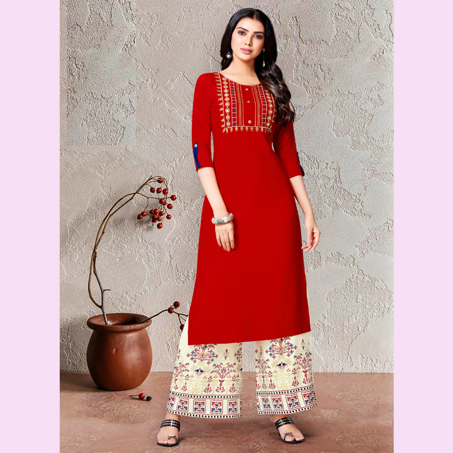 Women Embroidered A-line Red Kurta Set