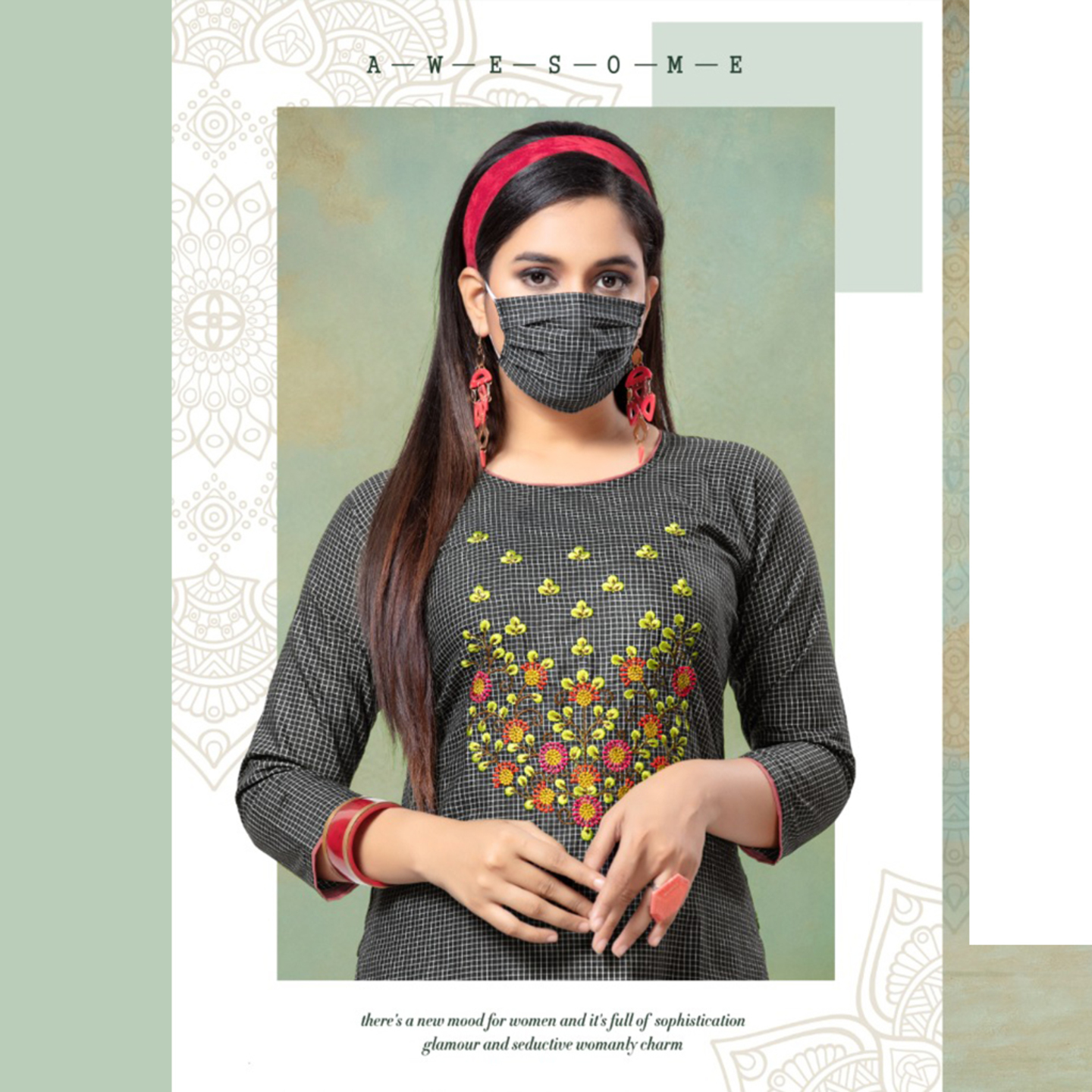 Talk By Fashion Women Soft Cotton Embroidered Kurti with mask Dark Gray